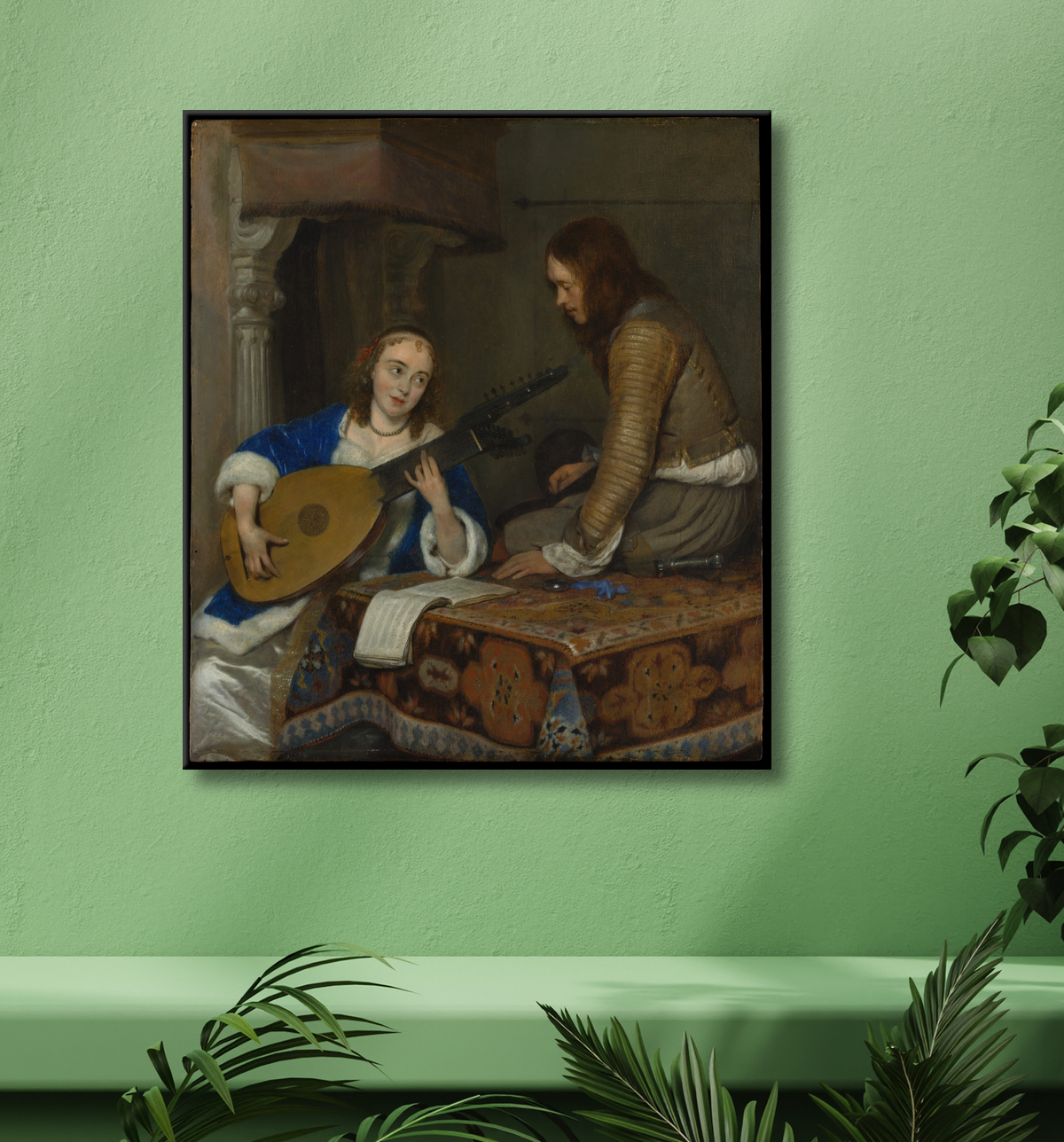 Reproduction Une femme jouant du théorbe-luth et un cavalier de Gerard ter Borch the Younger avec decor