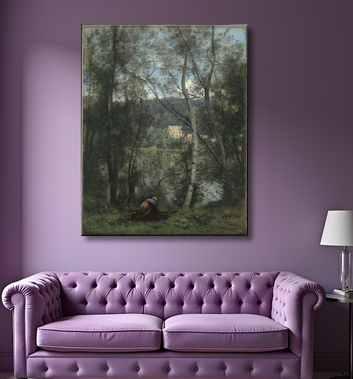 Reproduction Une femme ramassant des pédés à Ville-d'Avray de Camille Corot avec decor