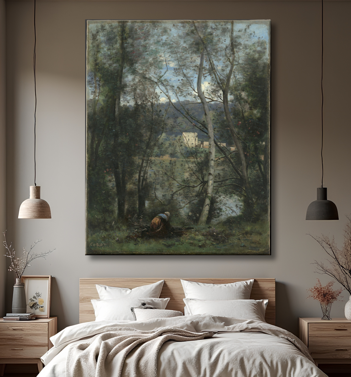 Reproduction Une femme ramassant des pédés à Ville-d'Avray de Camille Corot avec decor
