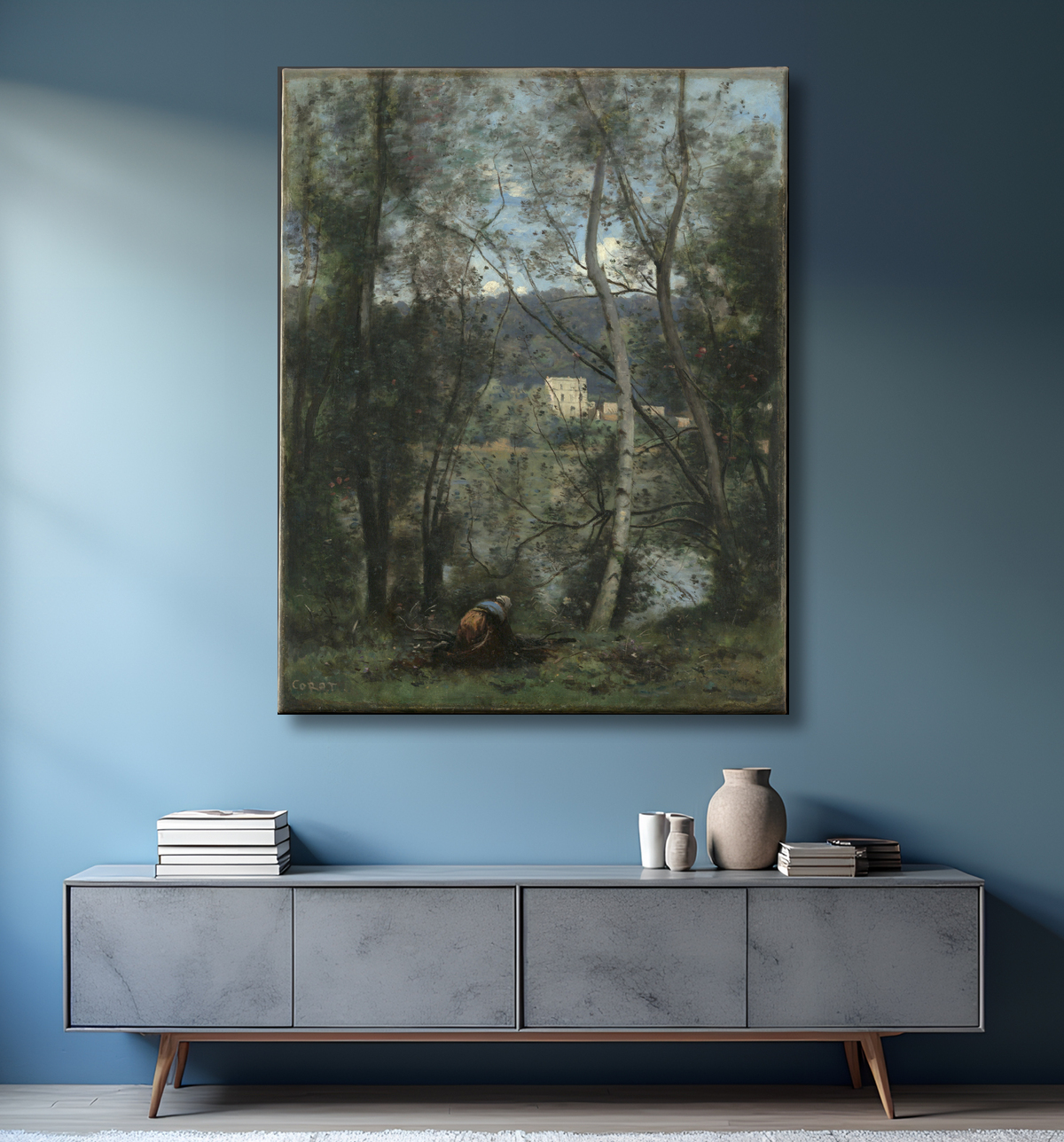 Reproduction Une femme ramassant des pédés à Ville-d'Avray de Camille Corot avec decor