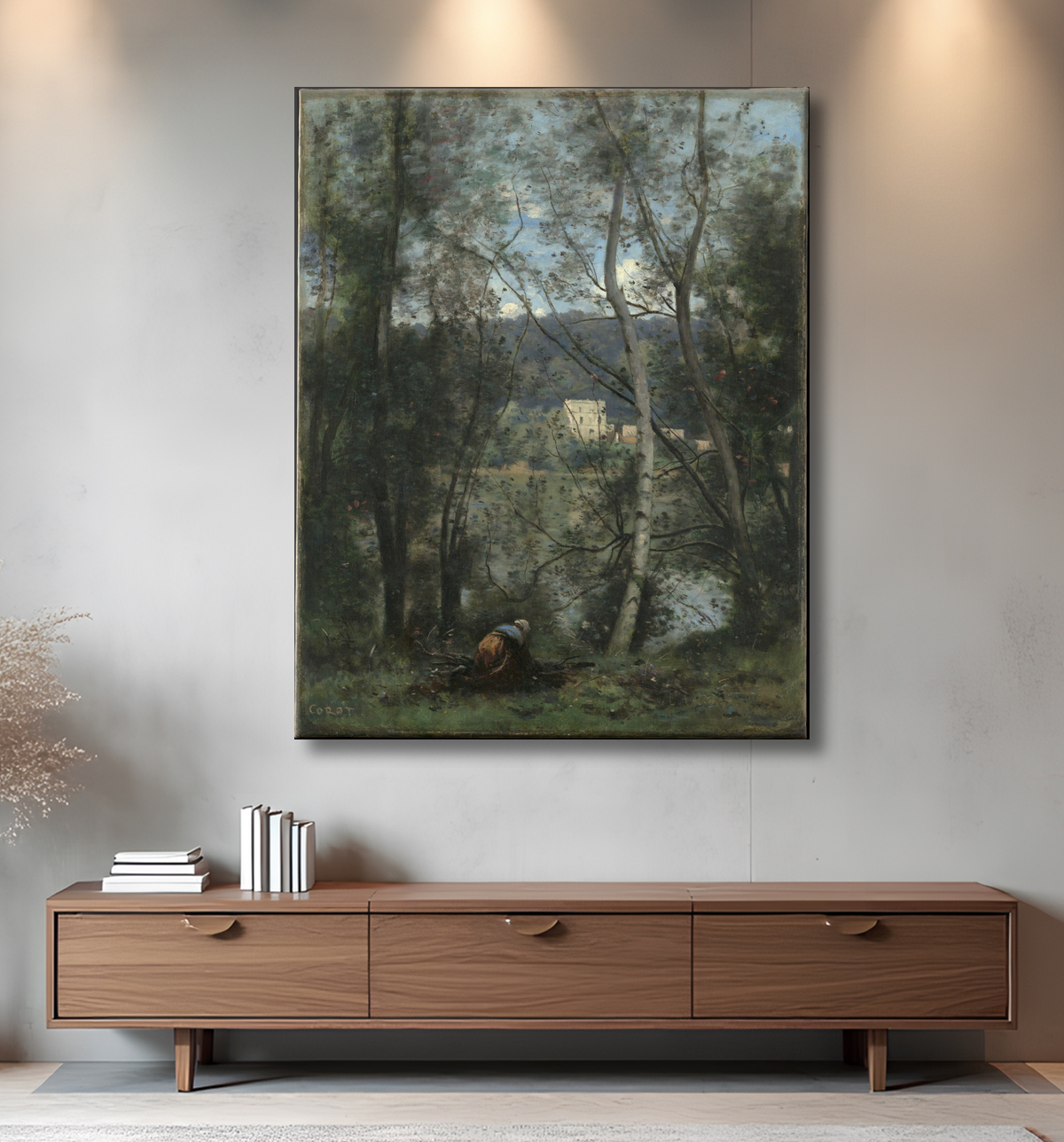 Reproduction Une femme ramassant des pédés à Ville-d'Avray de Camille Corot avec decor