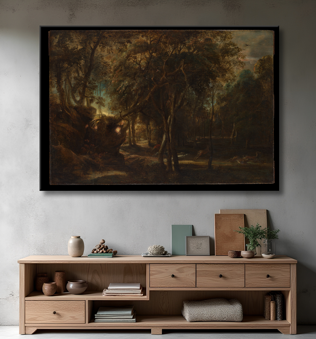 Reproduction Une forêt à l'aube avec une chasse au cerf de Peter Paul Rubens avec decor