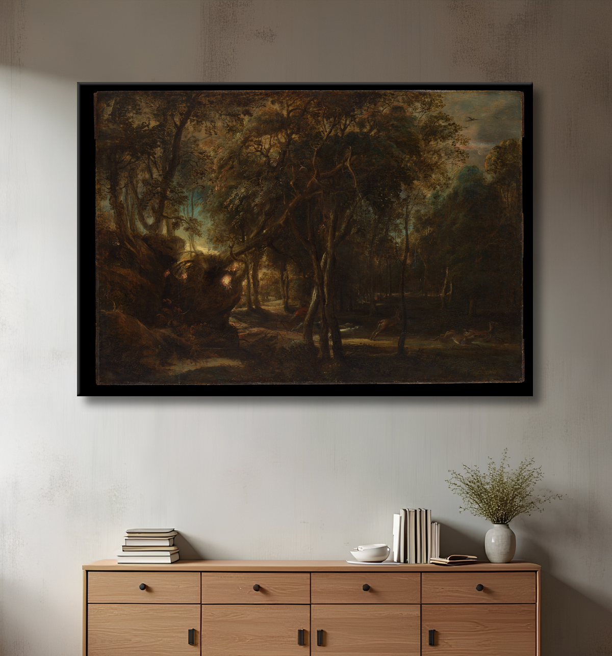Reproduction Une forêt à l'aube avec une chasse au cerf de Peter Paul Rubens avec decor