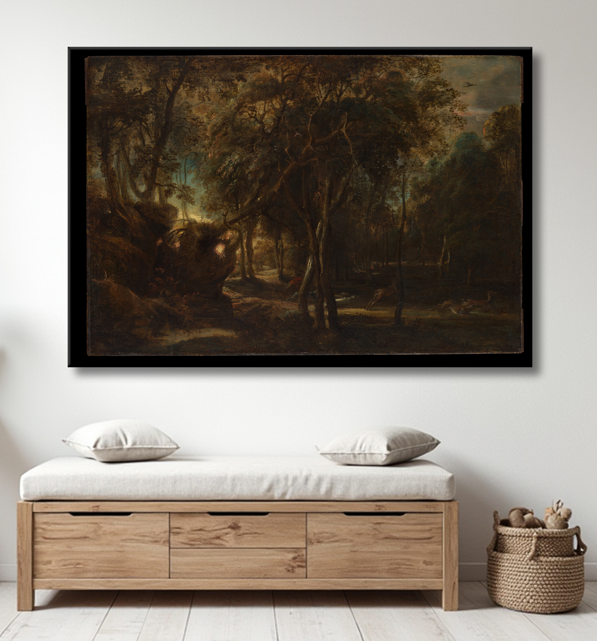 Reproduction Une forêt à l'aube avec une chasse au cerf de Peter Paul Rubens avec decor