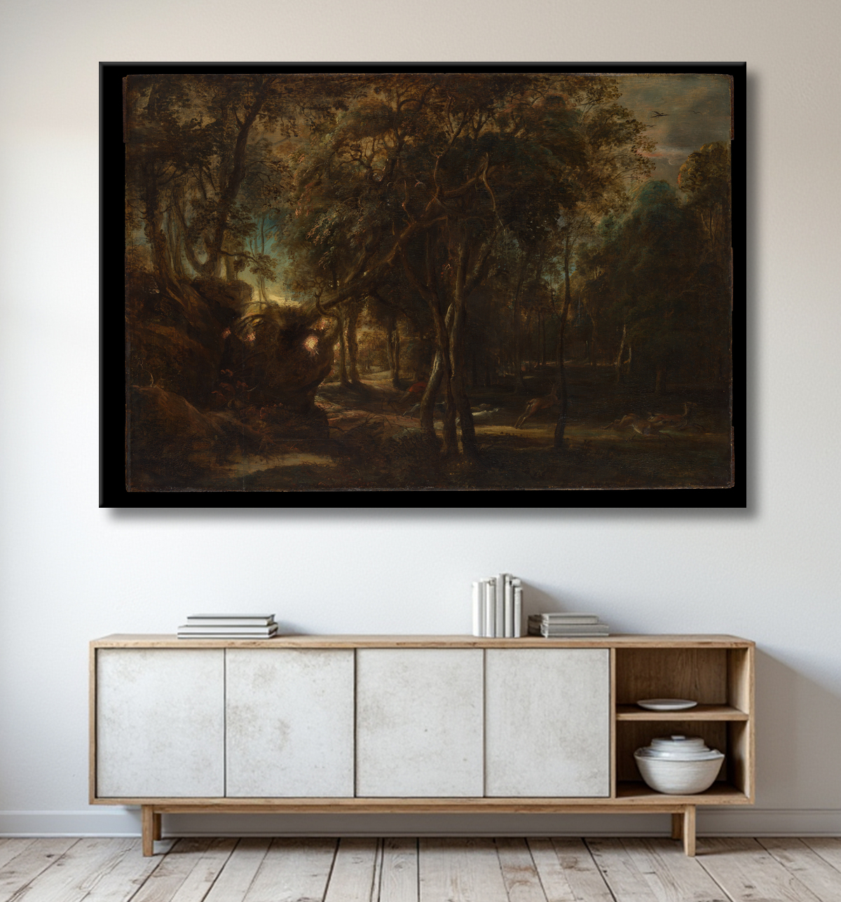 Reproduction Une forêt à l'aube avec une chasse au cerf de Peter Paul Rubens avec decor