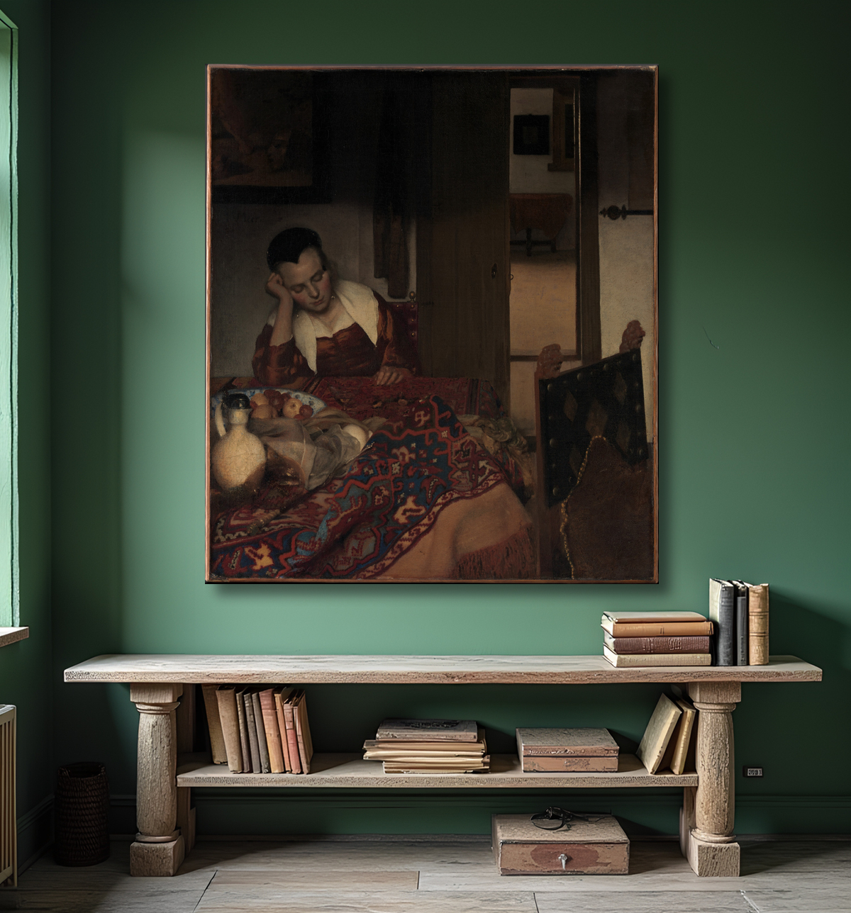 Reproduction Une jeune fille assoupie de Johannes Vermeer avec decor