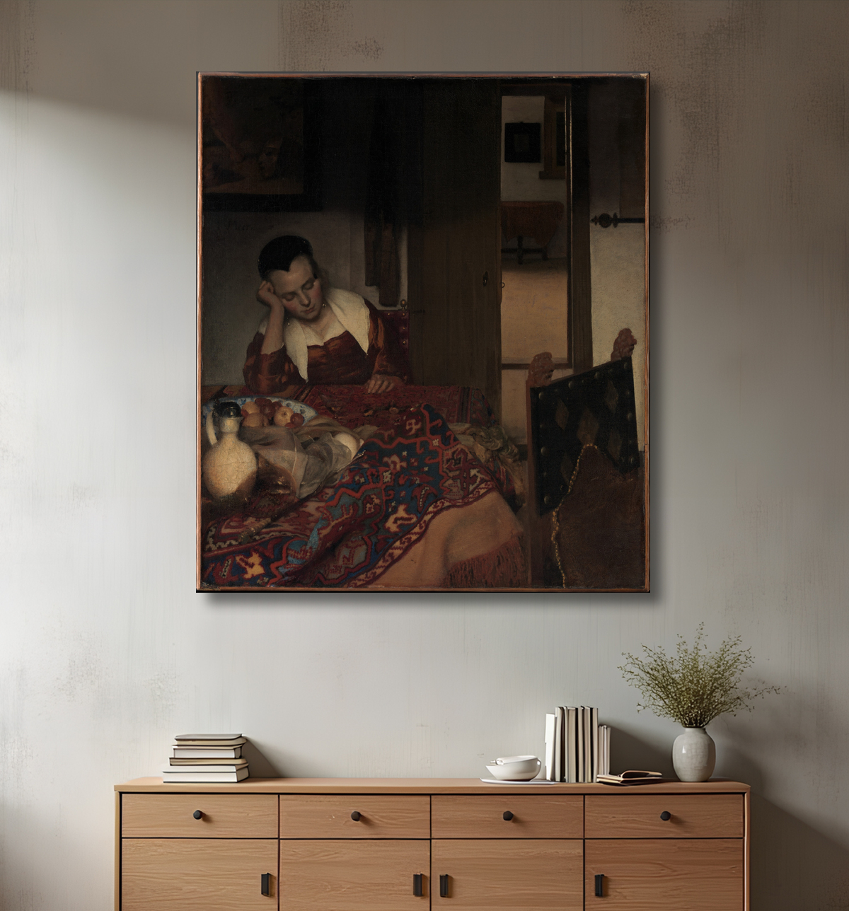 Reproduction Une jeune fille assoupie de Johannes Vermeer avec decor