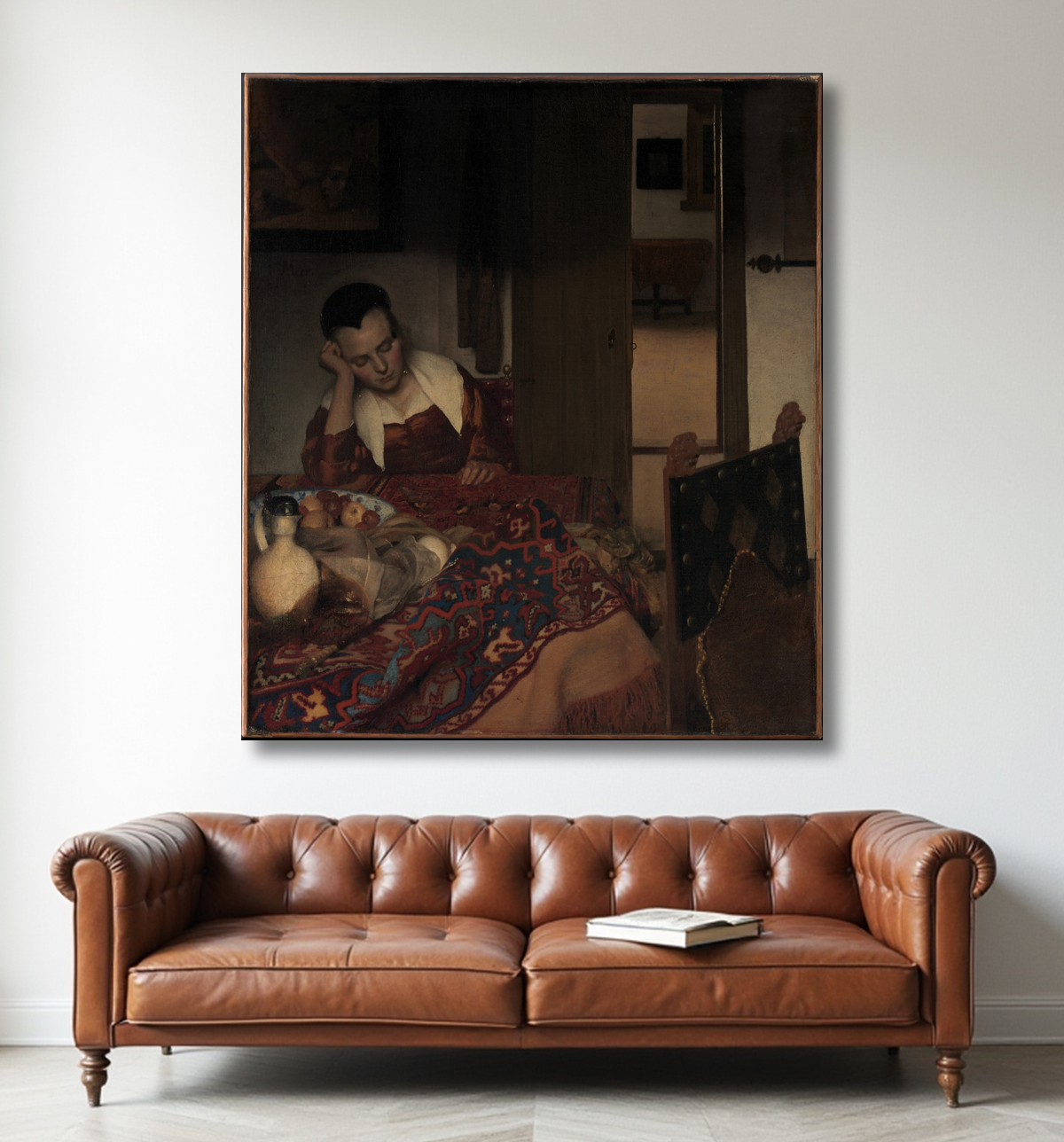 Reproduction Une jeune fille assoupie de Johannes Vermeer avec decor