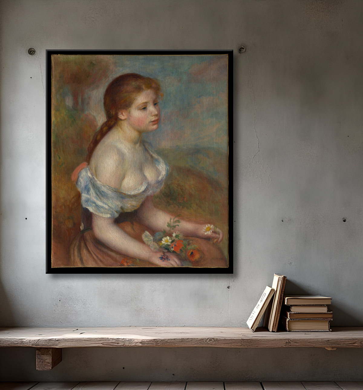 Reproduction Une jeune fille avec des marguerites de Auguste Renoir avec decor