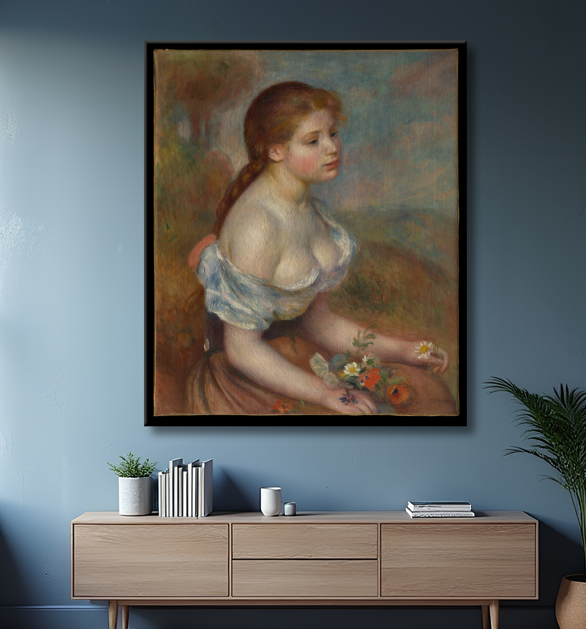 Reproduction Une jeune fille avec des marguerites de Auguste Renoir avec decor