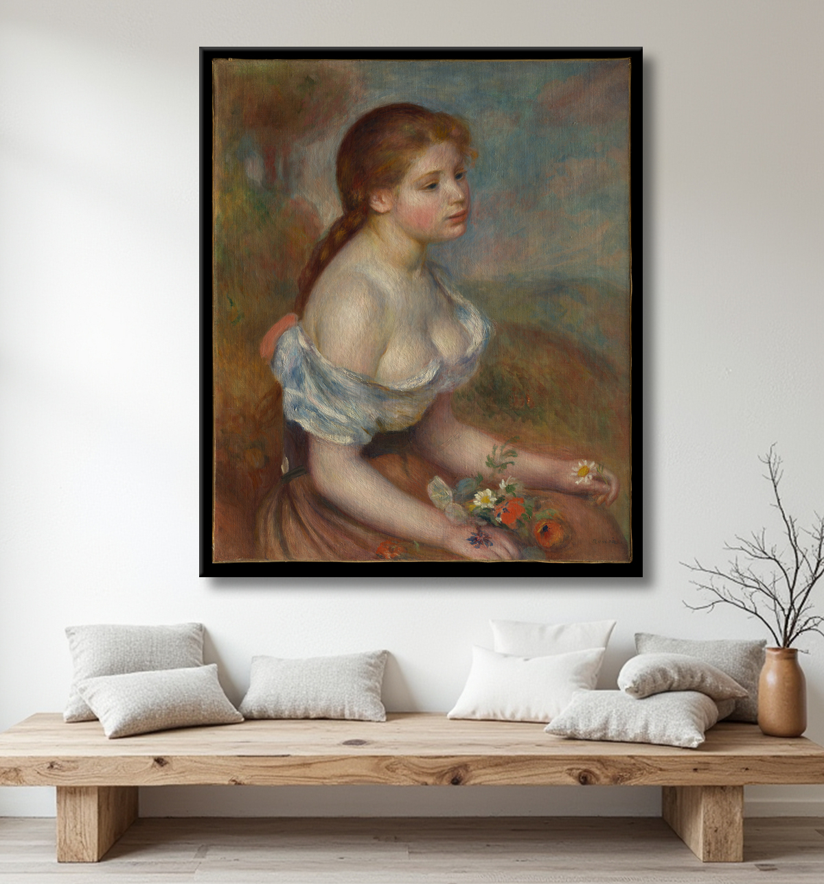 Reproduction Une jeune fille avec des marguerites de Auguste Renoir avec decor