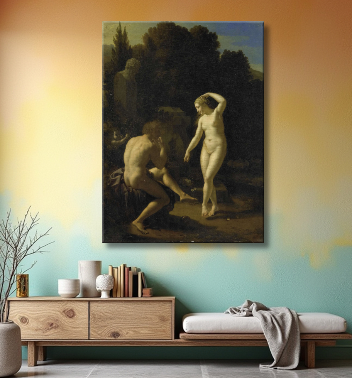 Reproduction Une nymphe dansant sur une flûte de berger de Adriaen van der Werff avec decor