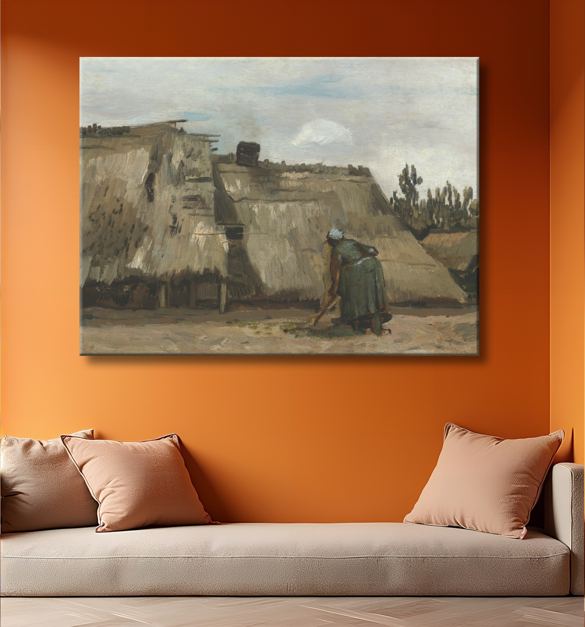 Reproduction Une paysanne creusant devant son chalet de Vincent van Gogh avec decor