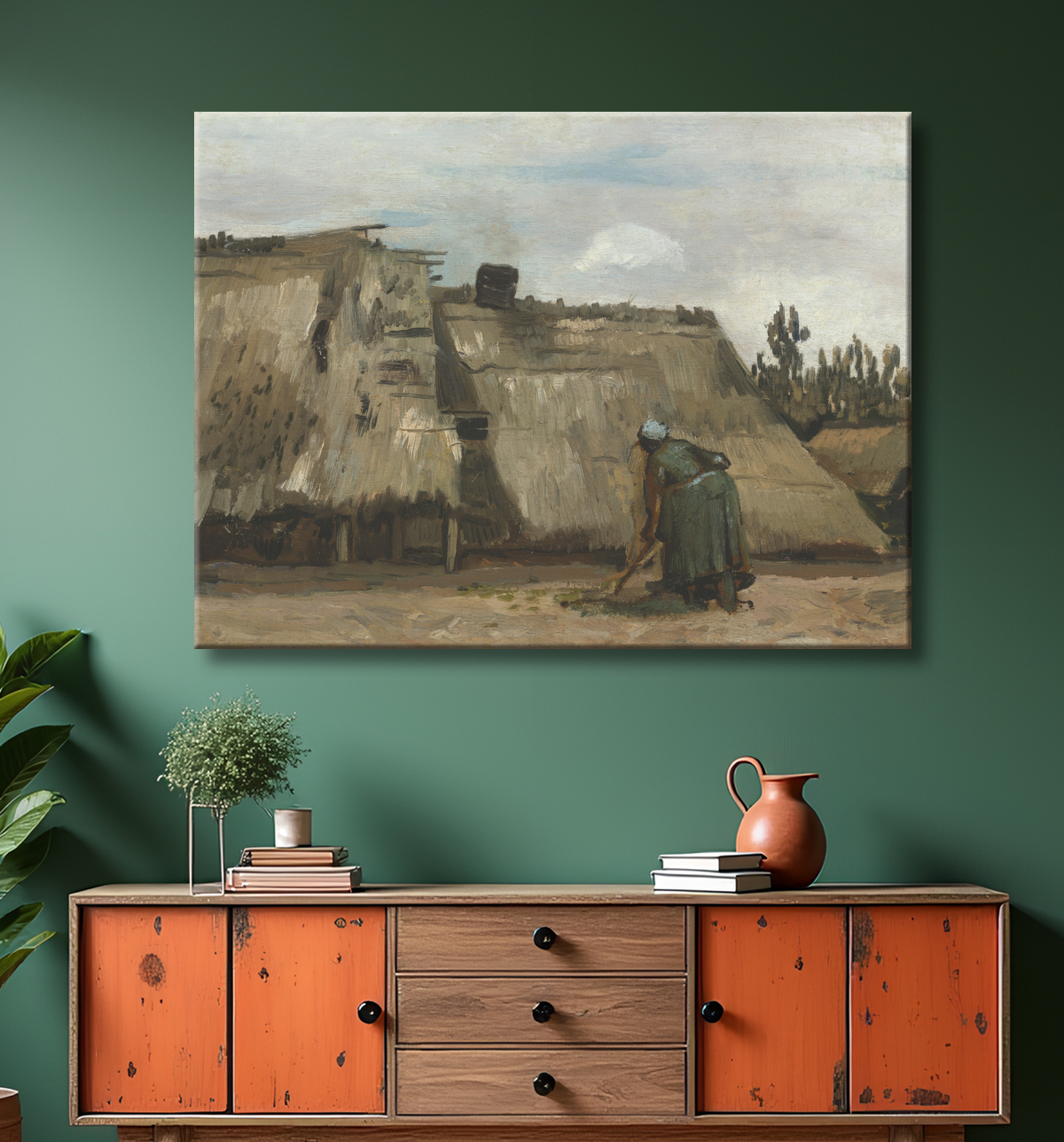 Reproduction Une paysanne creusant devant son chalet de Vincent van Gogh avec decor