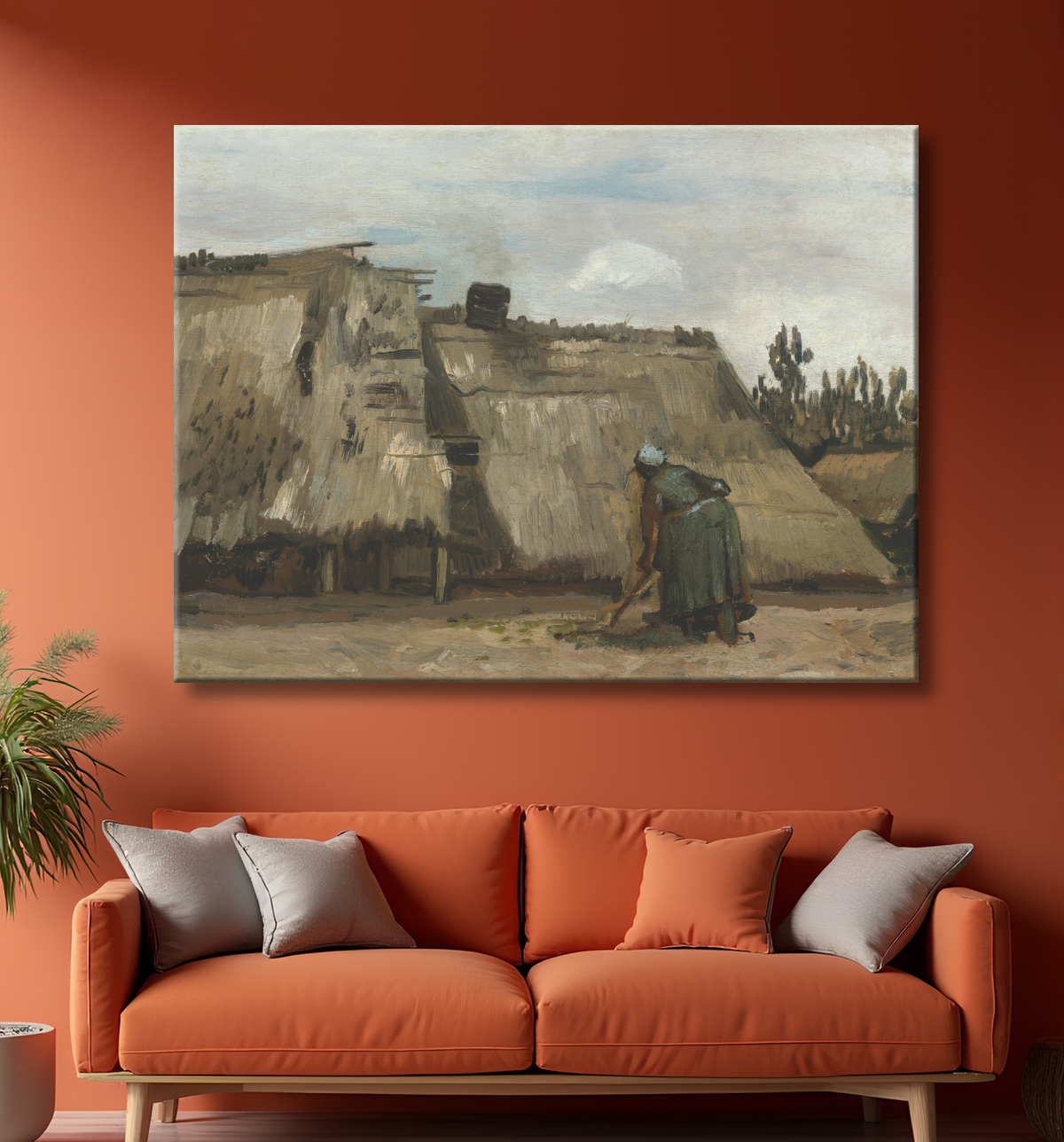 Reproduction Une paysanne creusant devant son chalet de Vincent van Gogh avec decor