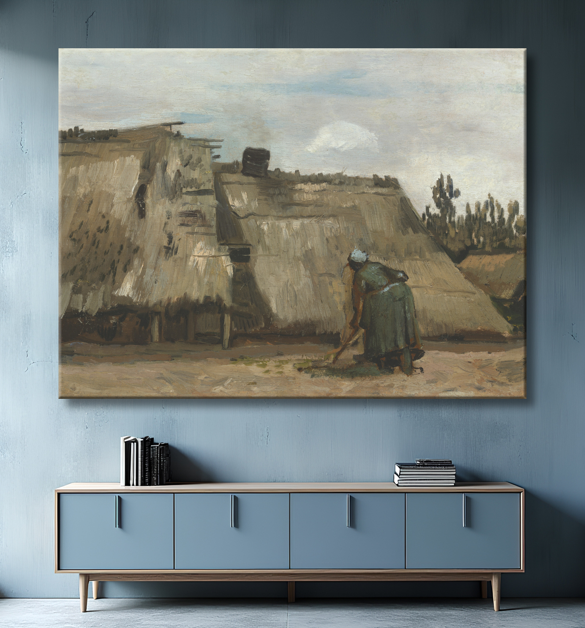Reproduction Une paysanne creusant devant son chalet de Vincent van Gogh avec decor