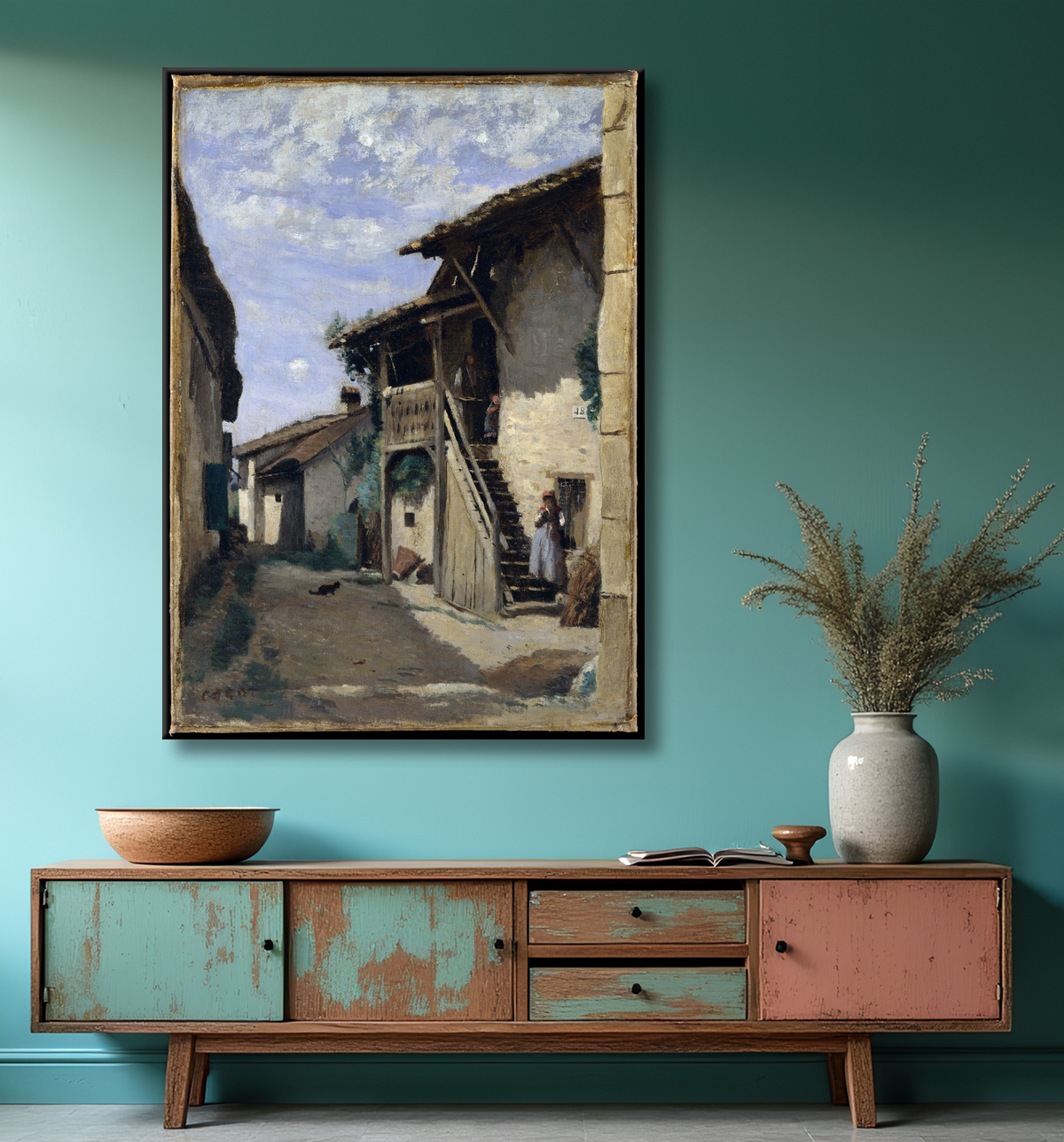 Reproduction Une rue de village : Dardagny de Camille Corot avec decor