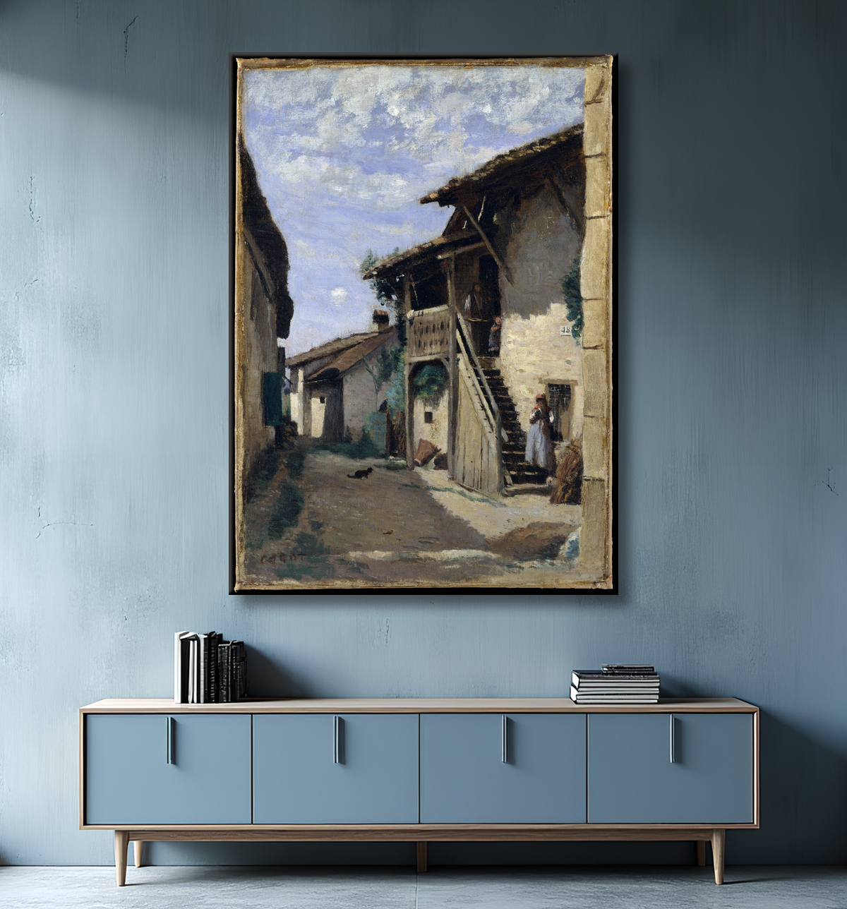 Reproduction Une rue de village : Dardagny de Camille Corot avec decor