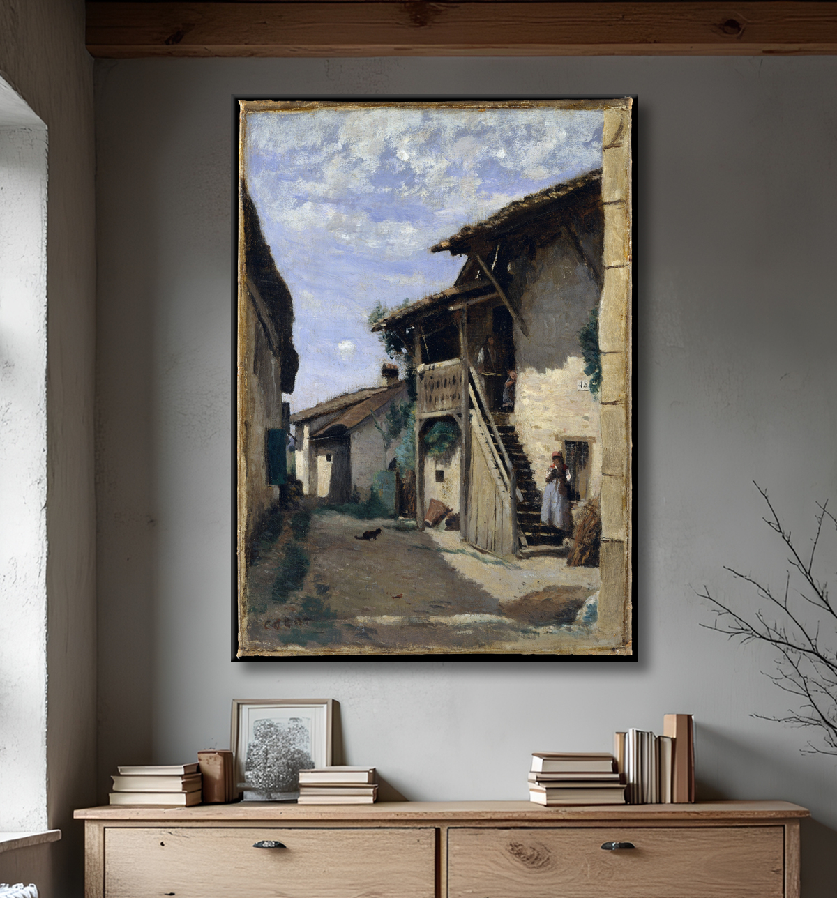 Reproduction Une rue de village : Dardagny de Camille Corot avec decor