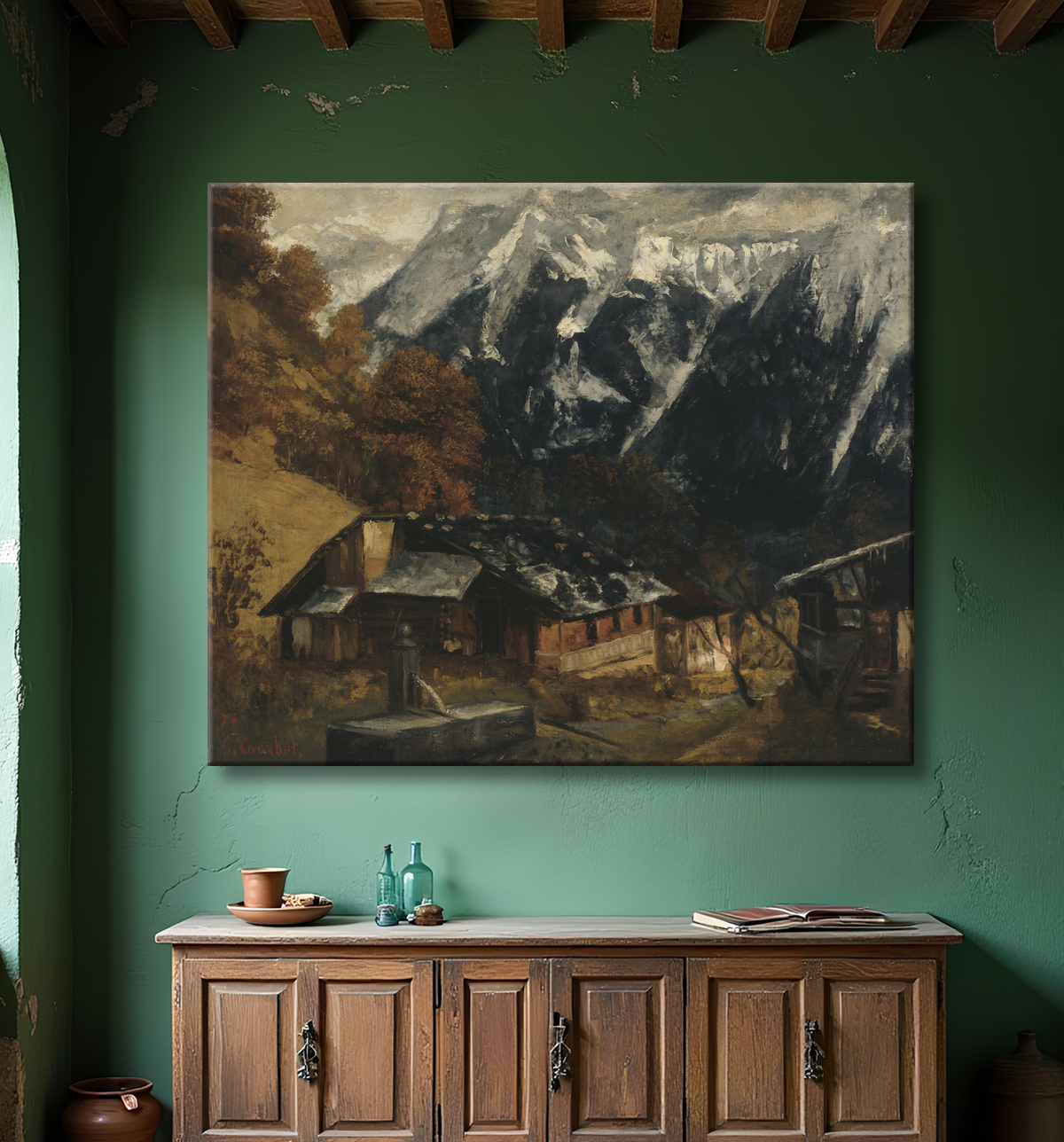 Reproduction Une scène alpine de Gustave Courbet avec decor