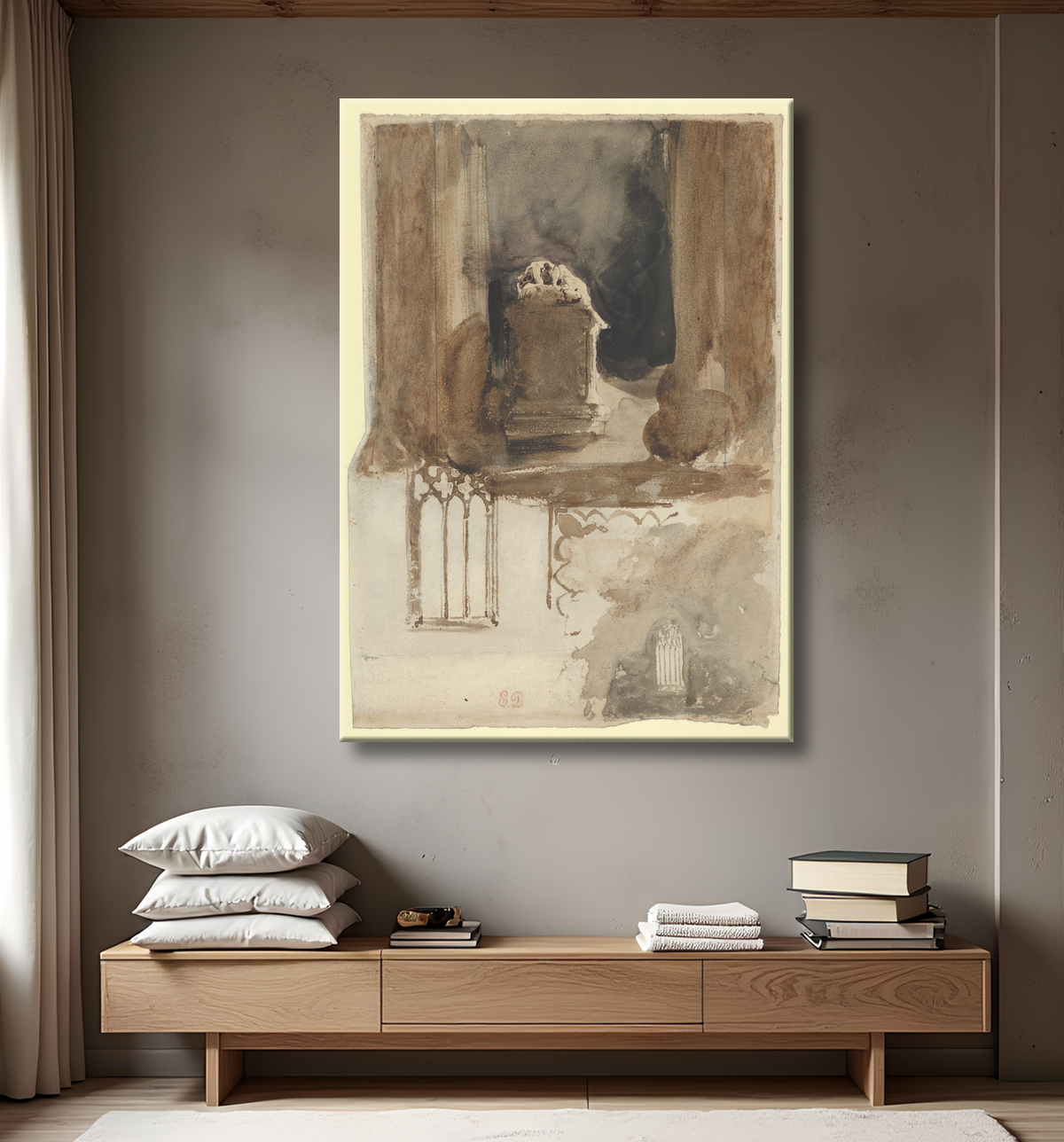 Reproduction Une tombe et des études de fenêtres dans l'église de l'abbaye de Valmont (recto) ; Quatre études de chevaux (verso) de Eugène Delacroix avec decor