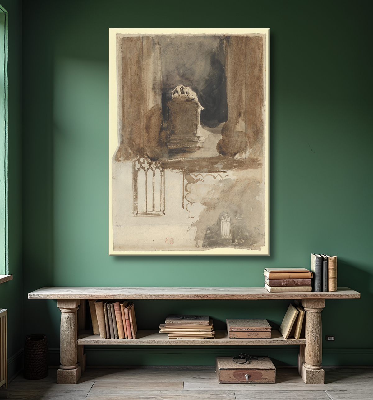 Reproduction Une tombe et des études de fenêtres dans l'église de l'abbaye de Valmont (recto) ; Quatre études de chevaux (verso) de Eugène Delacroix avec decor