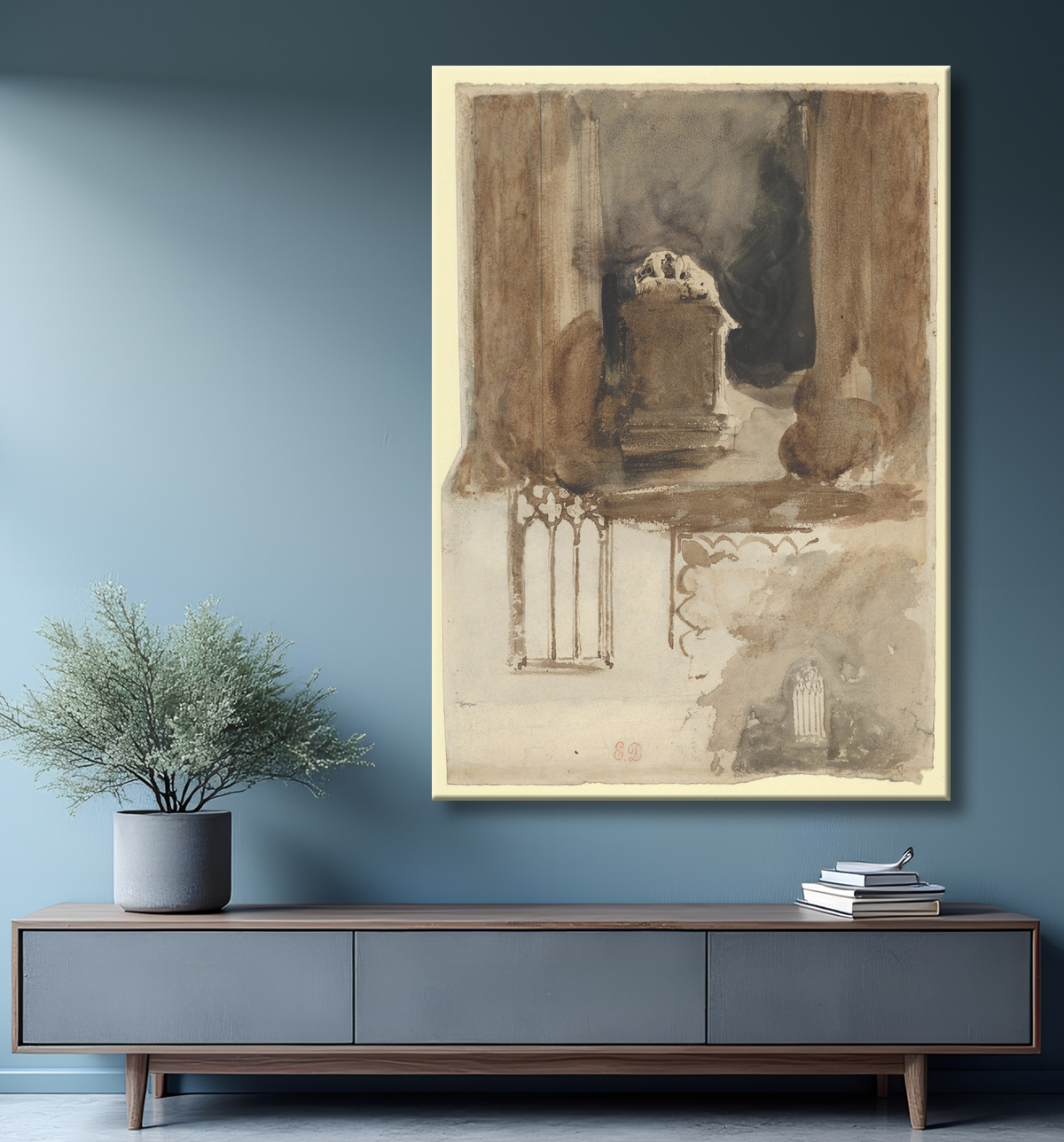 Reproduction Une tombe et des études de fenêtres dans l'église de l'abbaye de Valmont (recto) ; Quatre études de chevaux (verso) de Eugène Delacroix avec decor