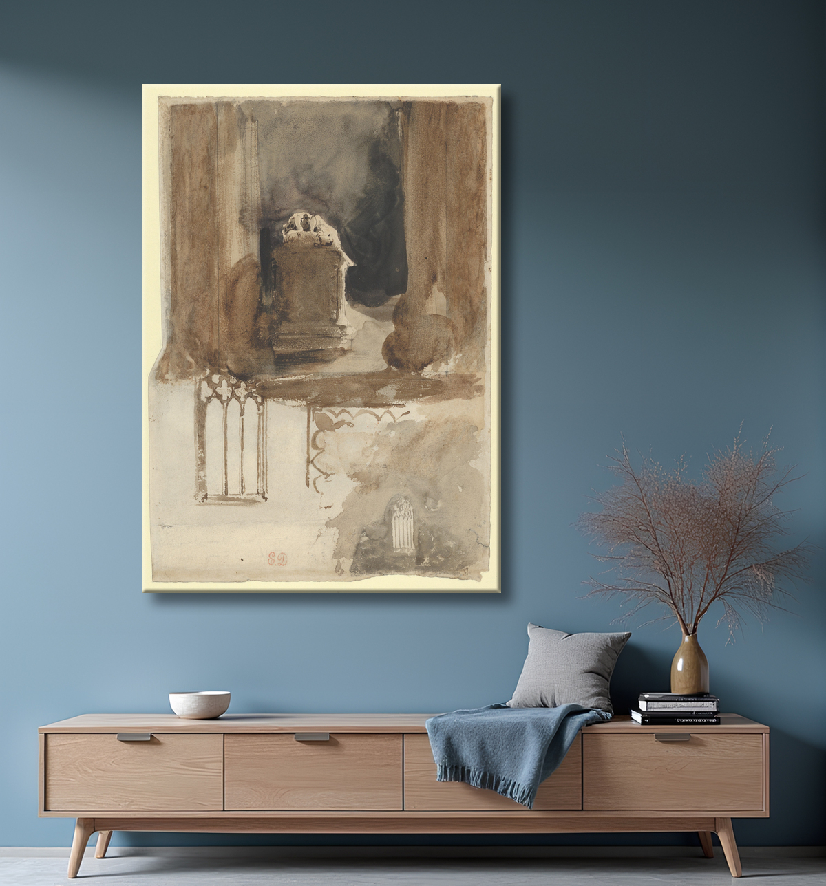 Reproduction Une tombe et des études de fenêtres dans l'église de l'abbaye de Valmont (recto) ; Quatre études de chevaux (verso) de Eugène Delacroix avec decor