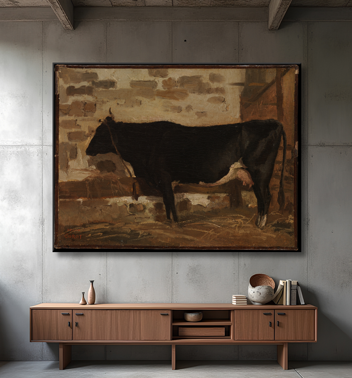 Reproduction Vache dans une grange de Camille Corot avec decor