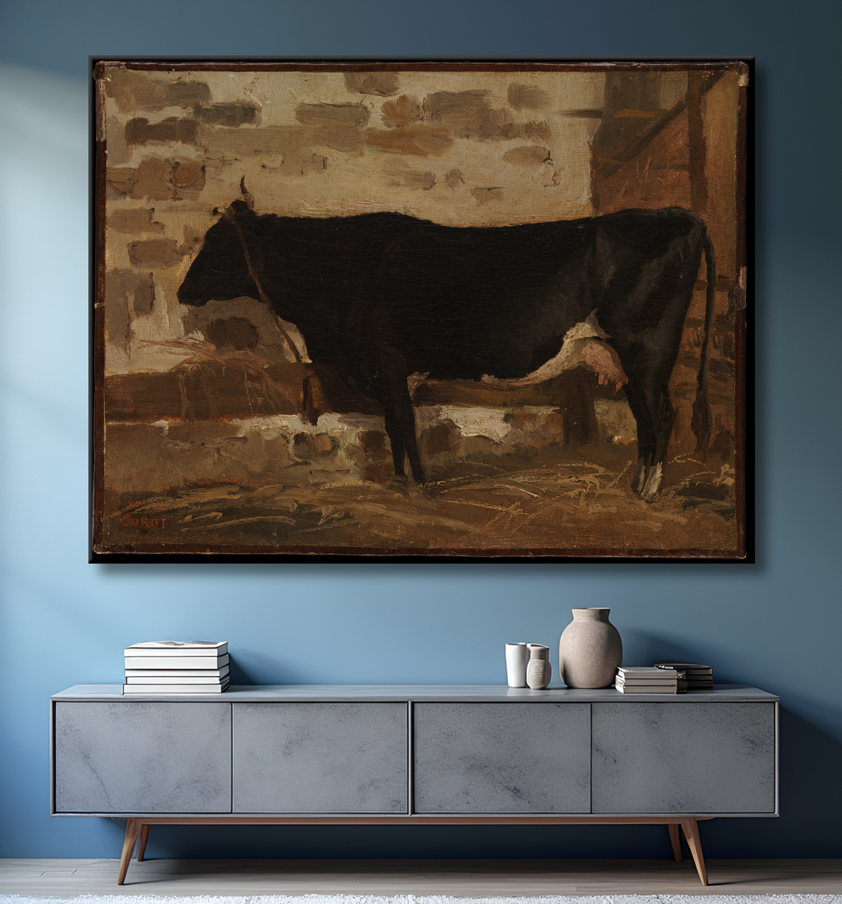 Reproduction Vache dans une grange de Camille Corot avec decor