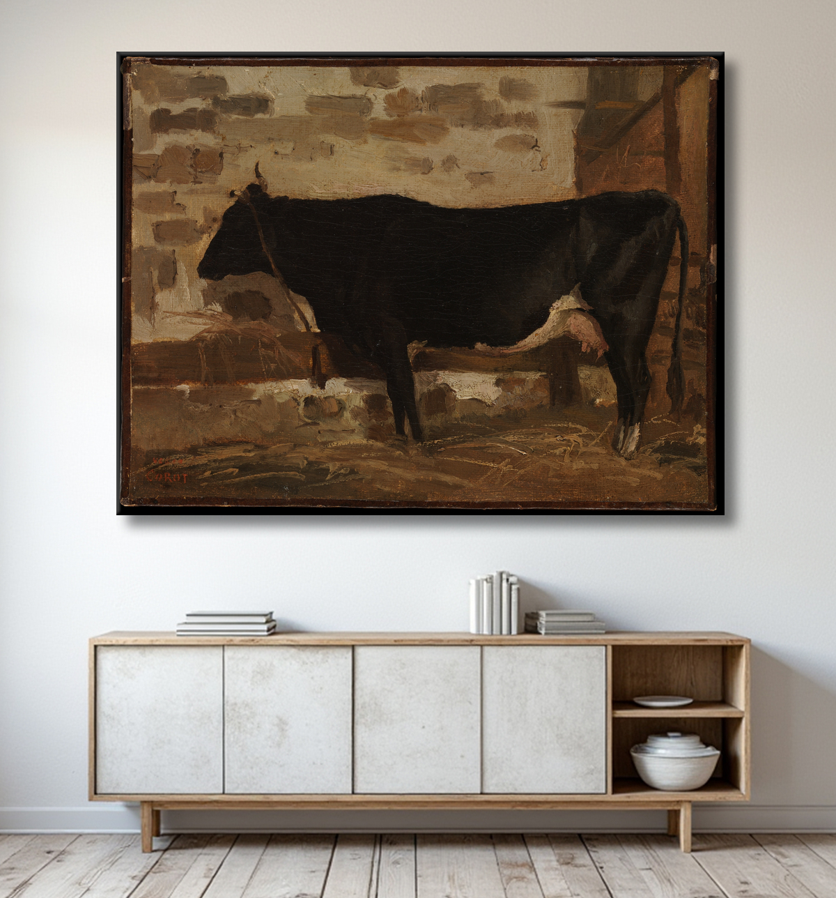 Reproduction Vache dans une grange de Camille Corot avec decor