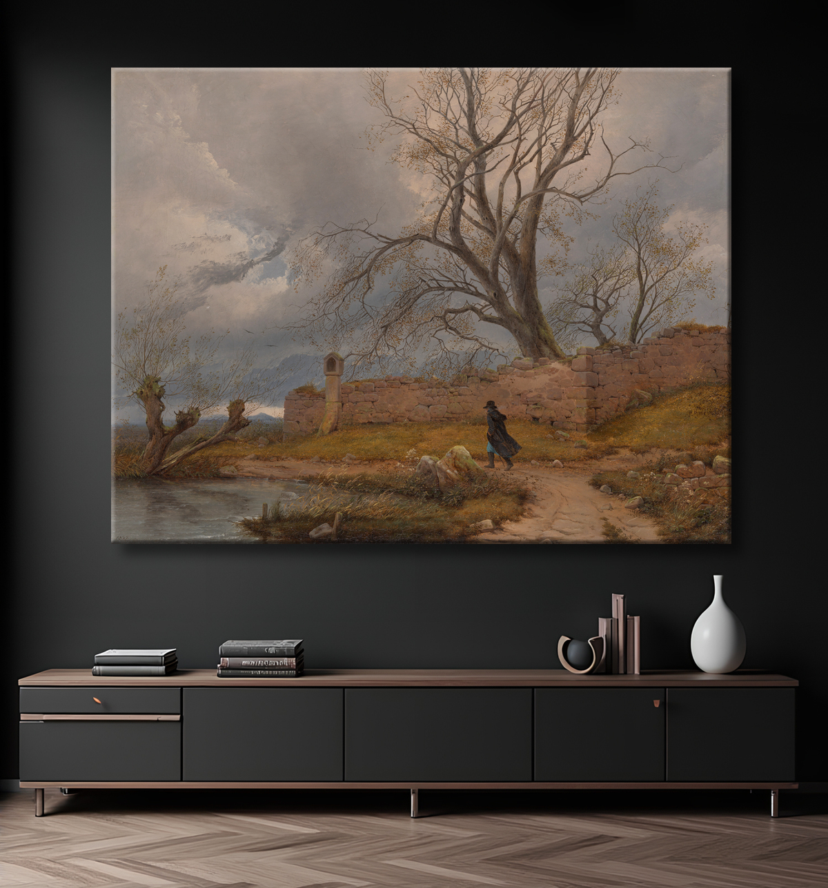 Reproduction Vagabond dans la tempête de Julius von Leypold avec decor