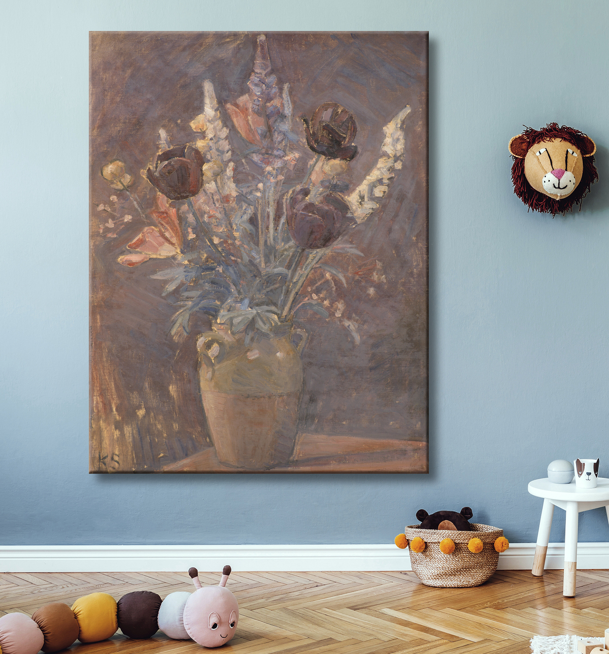 Reproduction Vase en argile avec tulipes et autres fleurs de Schou, Karl avec decor