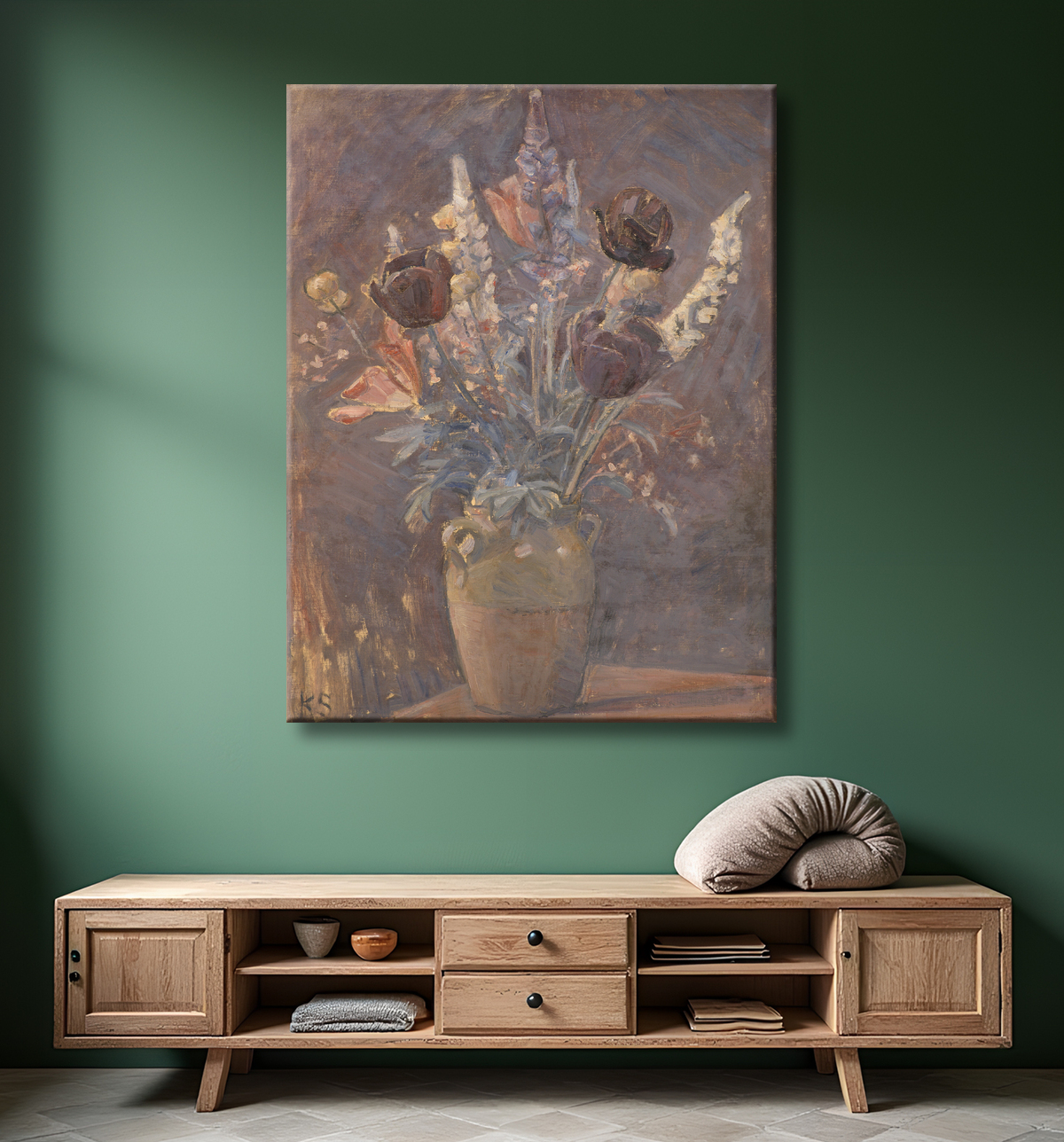 Reproduction Vase en argile avec tulipes et autres fleurs de Schou, Karl avec decor