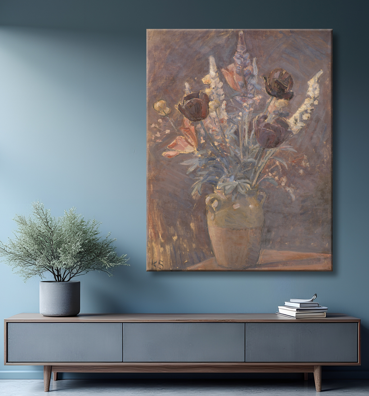 Reproduction Vase en argile avec tulipes et autres fleurs de Schou, Karl avec decor