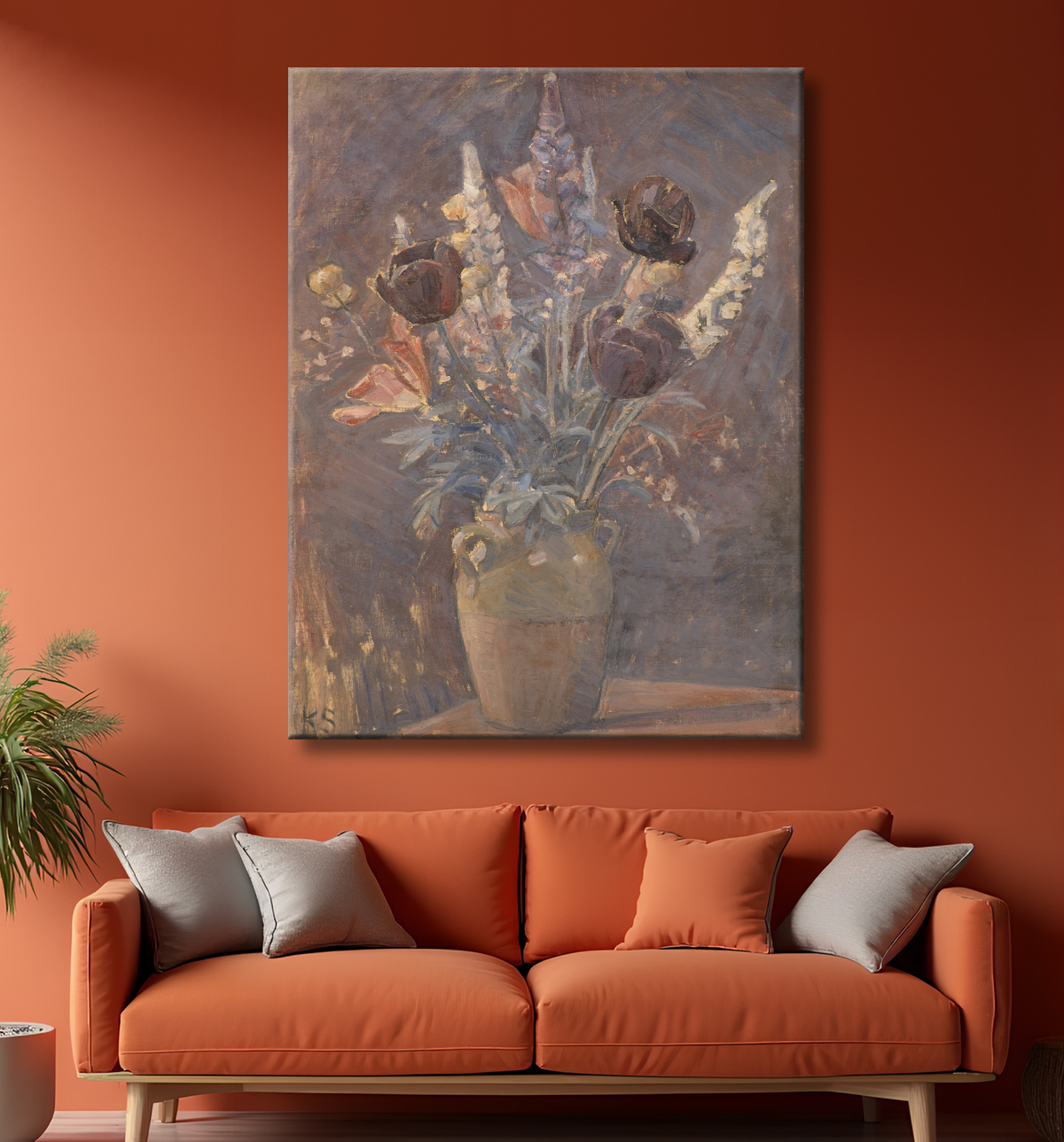 Reproduction Vase en argile avec tulipes et autres fleurs de Schou, Karl avec decor