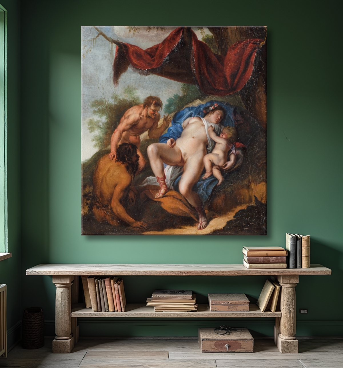 Reproduction Vénus endormie avec Cupidon regardée par des satyres de Rubens, Peter Paul avec decor