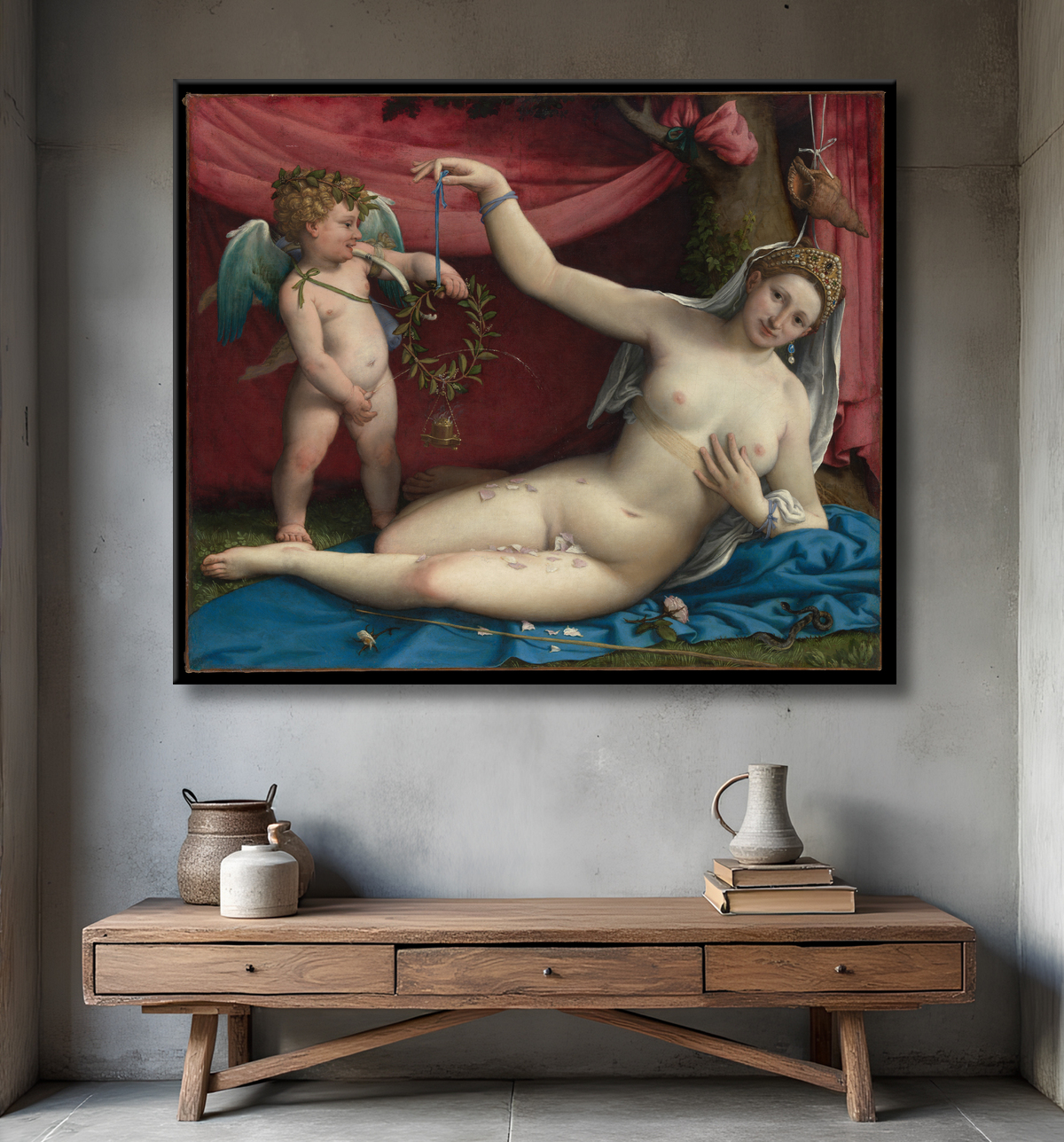 Reproduction Vénus et Cupidon de Lorenzo Lotto avec decor