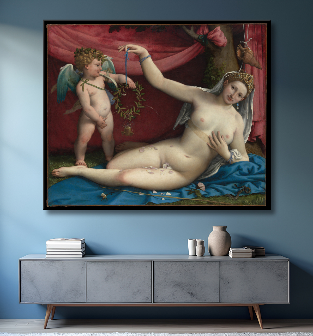 Reproduction Vénus et Cupidon de Lorenzo Lotto avec decor
