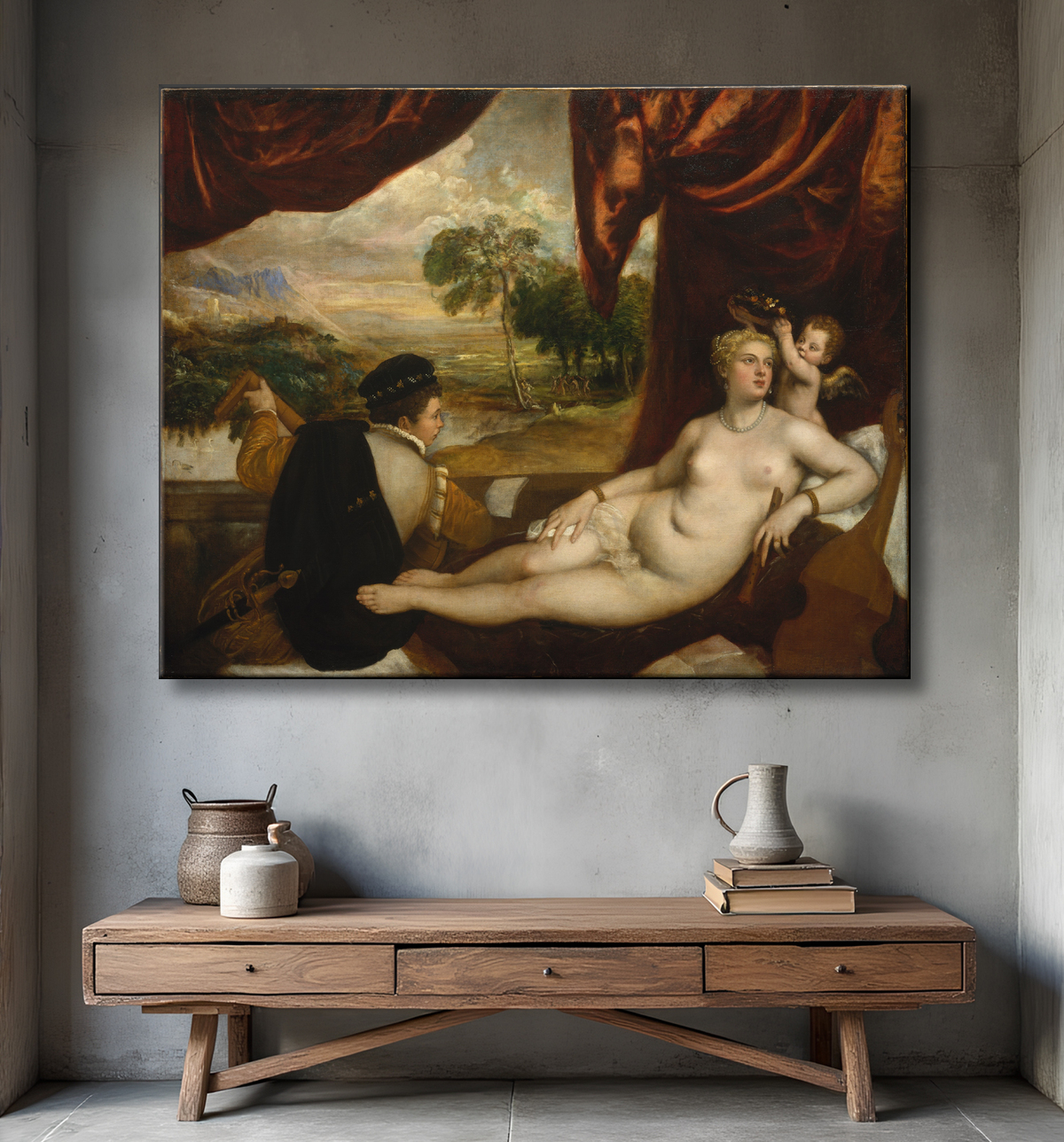 Reproduction Vénus et le joueur de luth de Titian avec decor