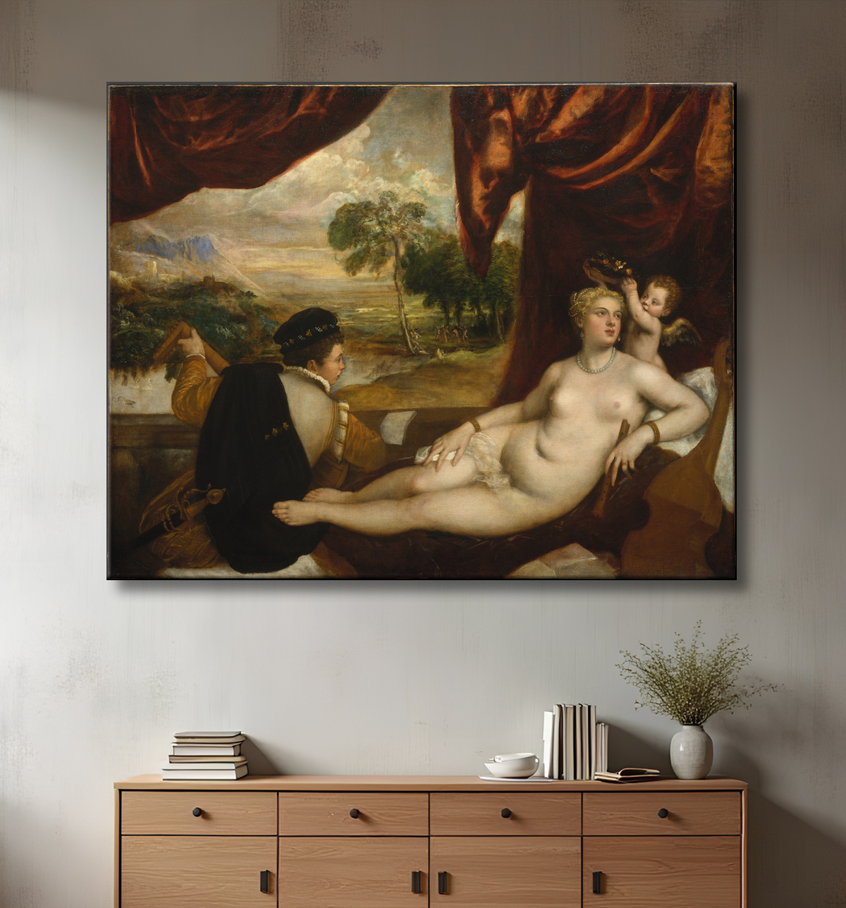 Reproduction Vénus et le joueur de luth de Titian avec decor