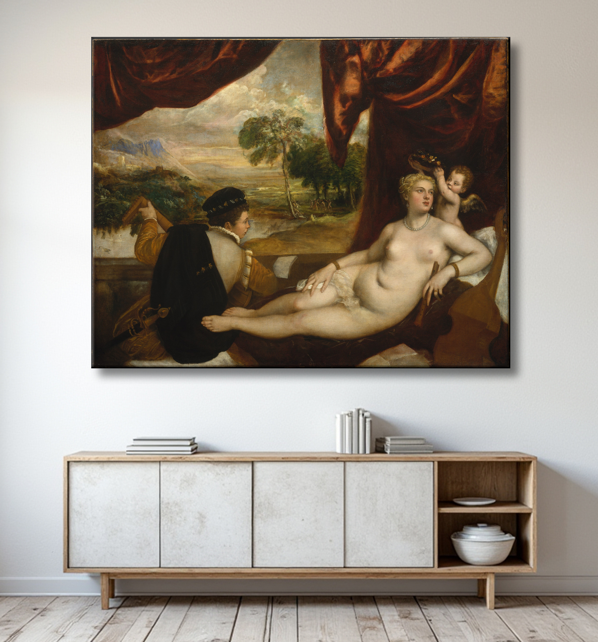 Reproduction Vénus et le joueur de luth de Titian avec decor