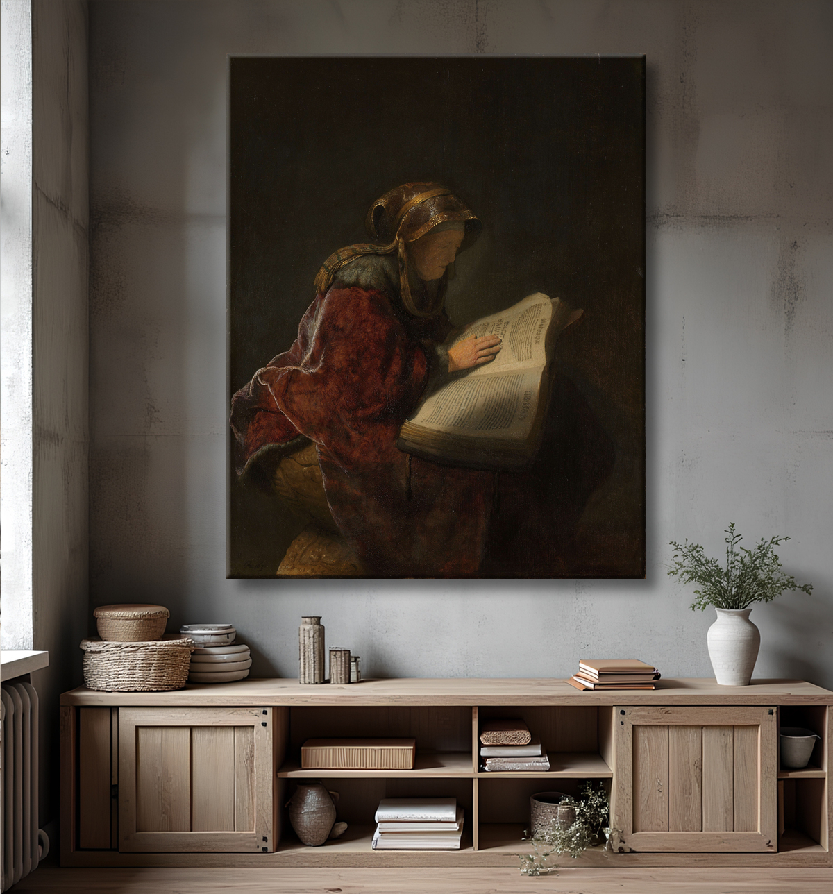 Reproduction Vieille Femme lisant, probablement la prophétesse Anna de Rembrandt van Rijn avec decor