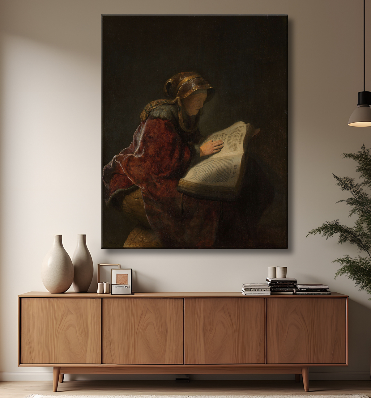 Reproduction Vieille Femme lisant, probablement la prophétesse Anna de Rembrandt van Rijn avec decor