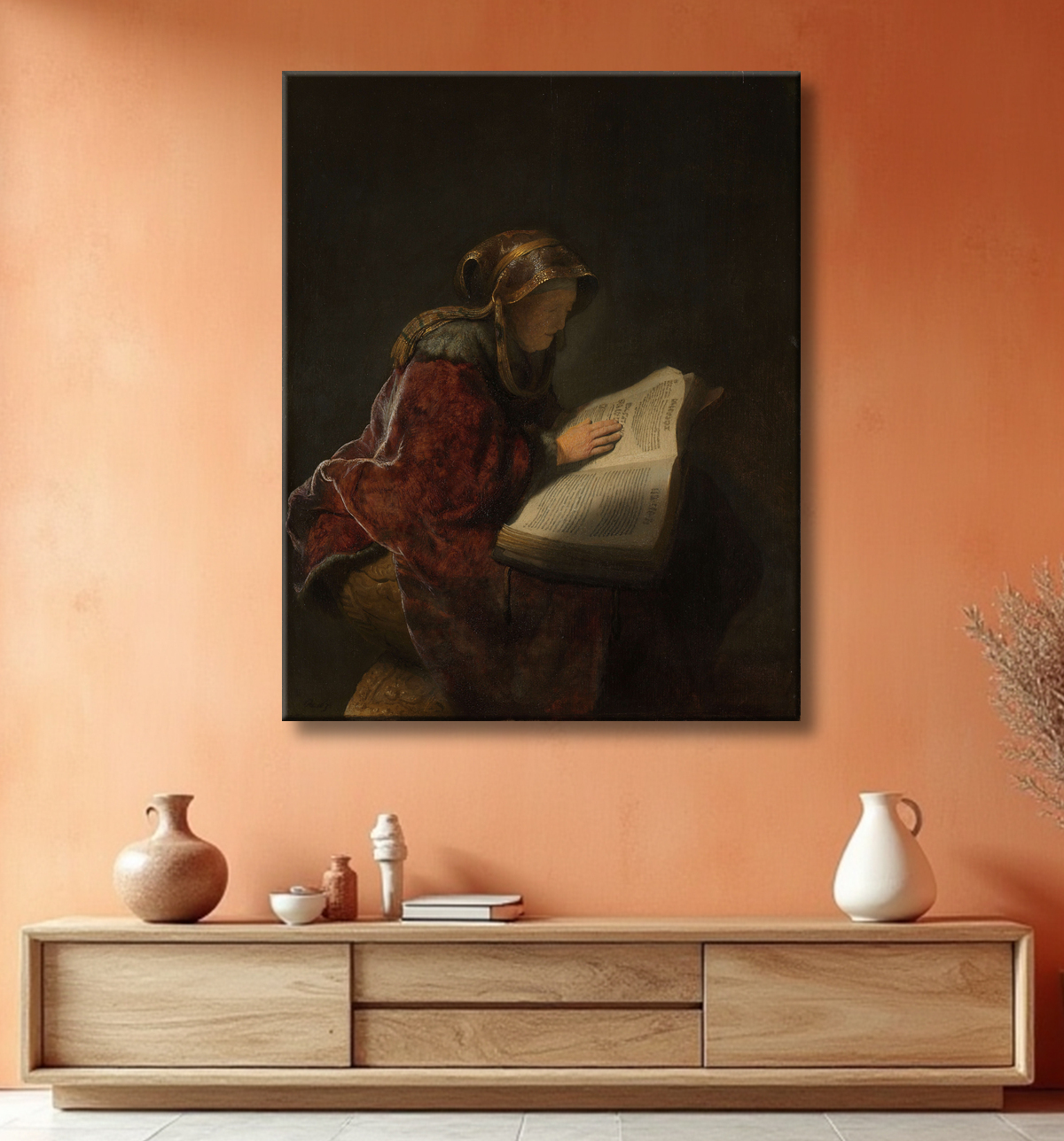 Reproduction Vieille Femme lisant, probablement la prophétesse Anna de Rembrandt van Rijn avec decor