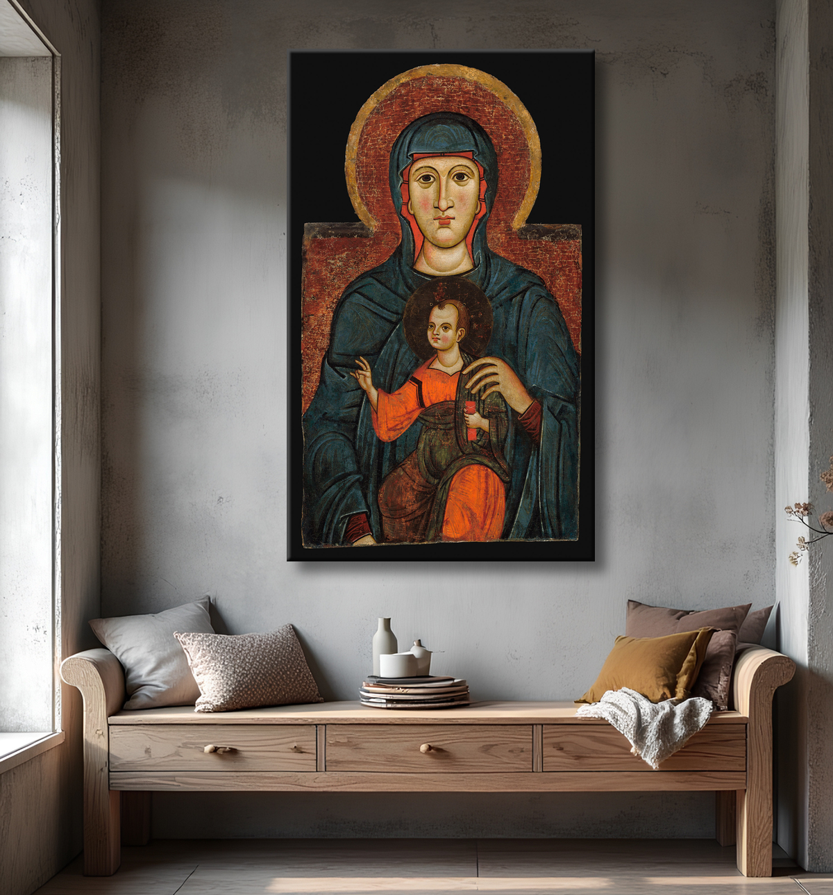 Reproduction Vierge à l'Enfant avec decor