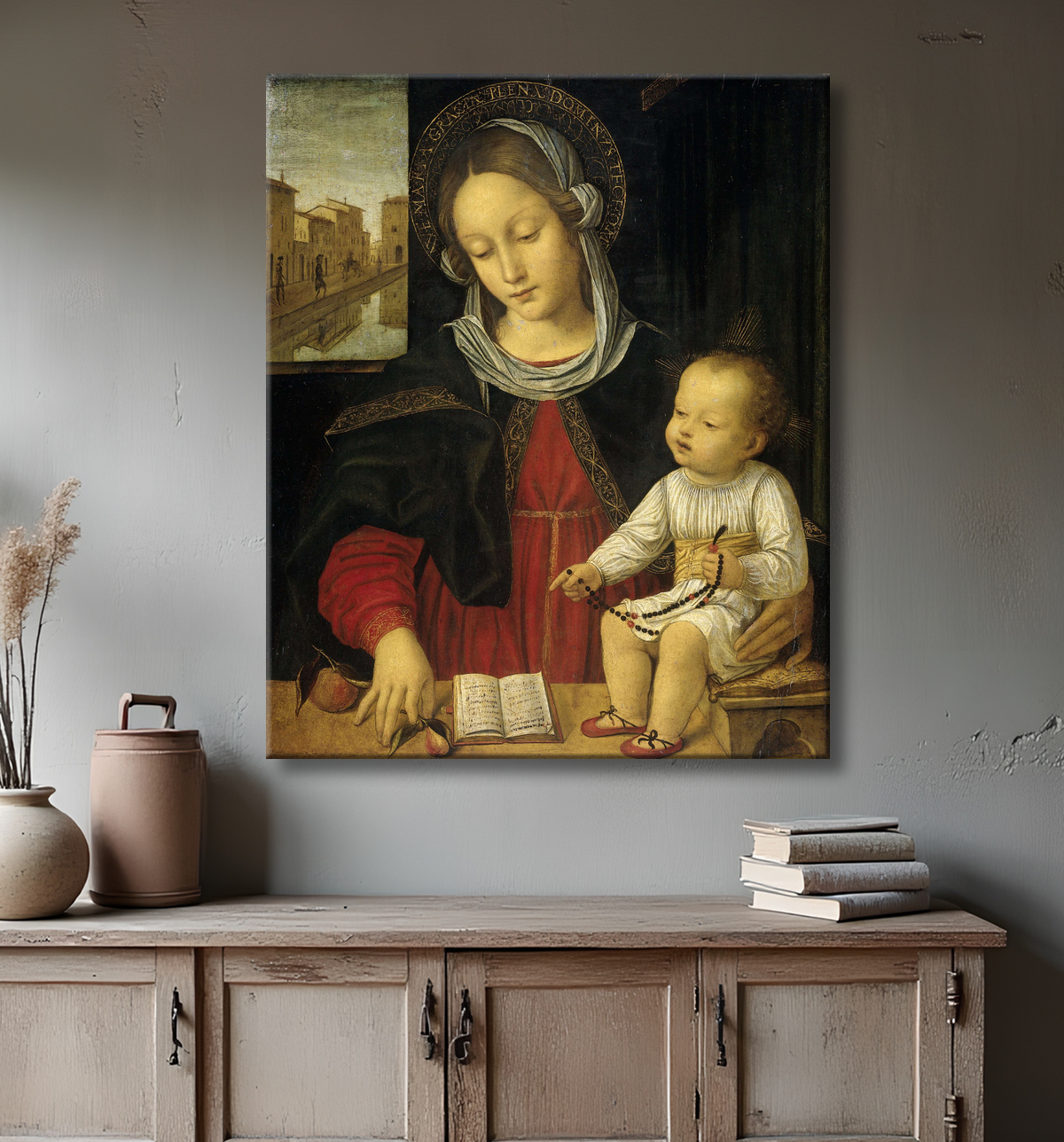 Reproduction Vierge à l'enfant de Borgognone avec decor