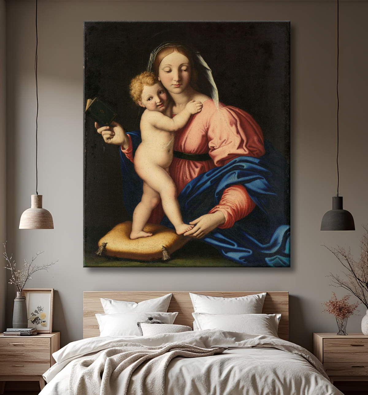 Reproduction Vierge à l'Enfant de Giovanni Battista Salvi avec decor