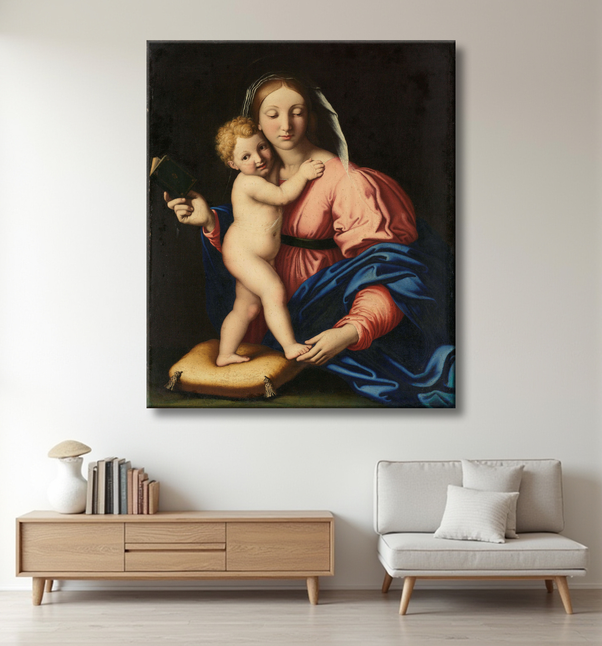 Reproduction Vierge à l'Enfant de Giovanni Battista Salvi avec decor