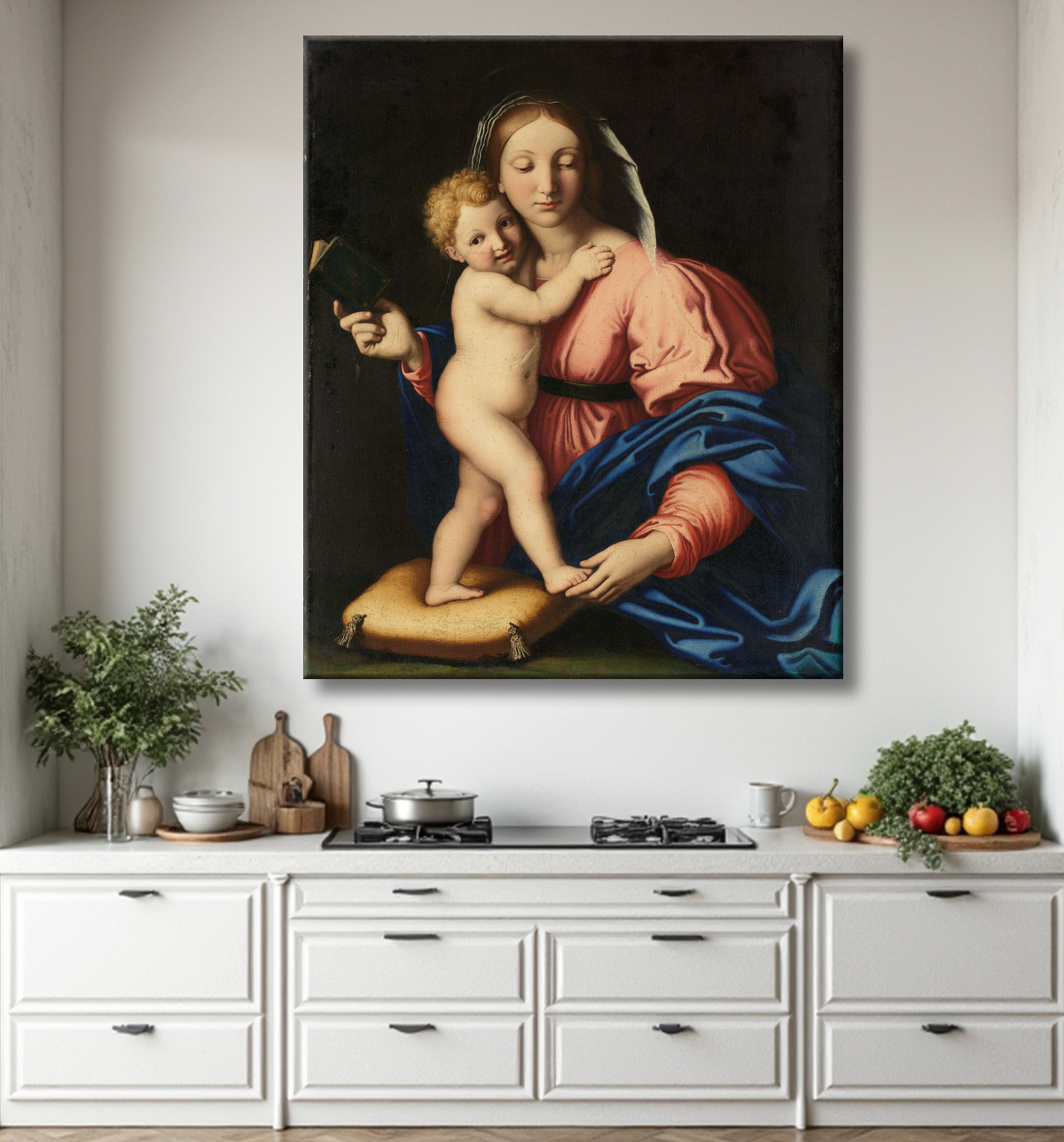 Reproduction Vierge à l'Enfant de Giovanni Battista Salvi avec decor